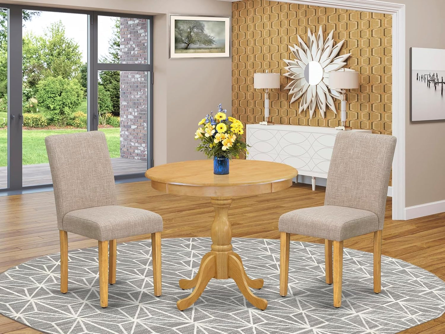 East West Furniture AMAB3-OAK-04 3 Piece Dining Set Contains a Round Kitchen Table with Pedestal and 2 Light Tan Linen Fabric Parson Dining Room Chairs, 36x36 Inch, Oak
