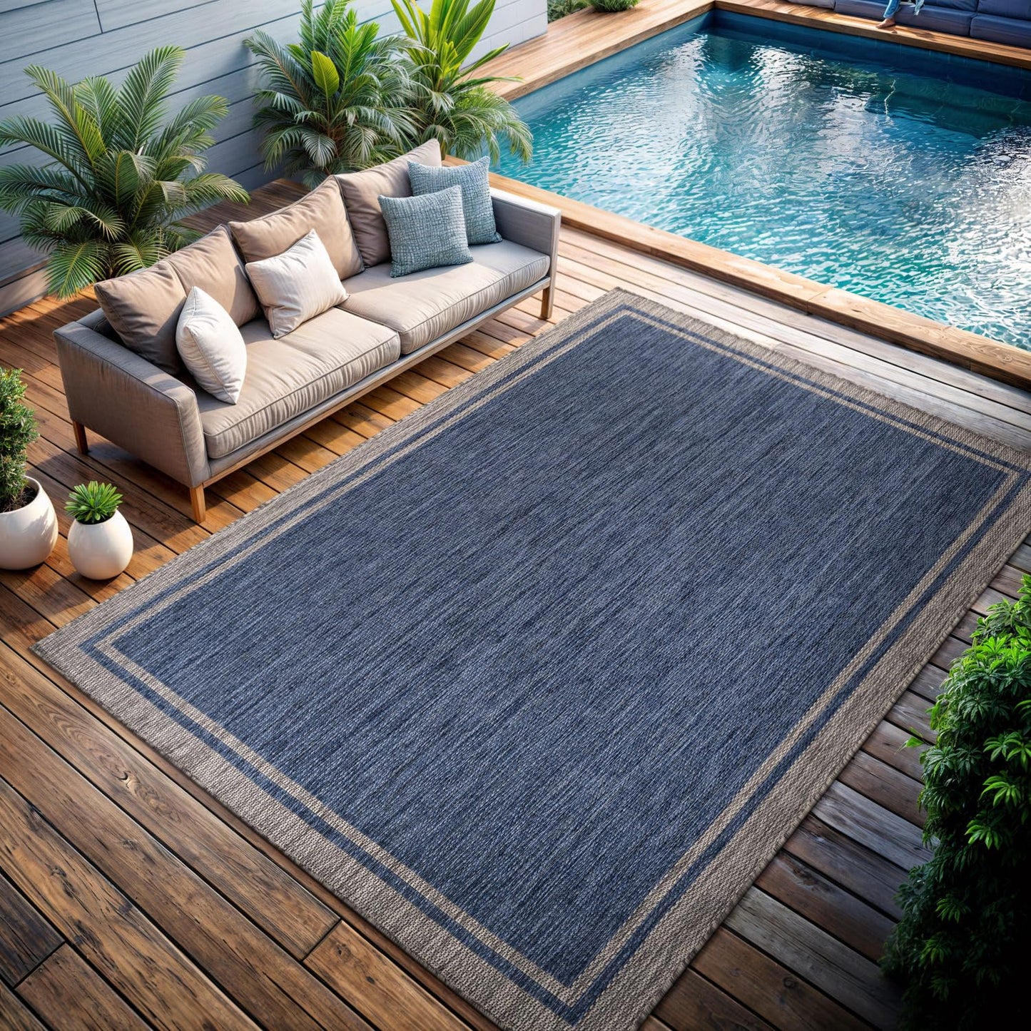 CAMILSON Outdoor Rug, 5x7 Bordered Navy Blue Gray Modern Area Rugs for Indoor and Outdoor Patios, Porches Waterproof Washable Porch Deck Outside Carpet (Bordered Navy, 5 x 7)