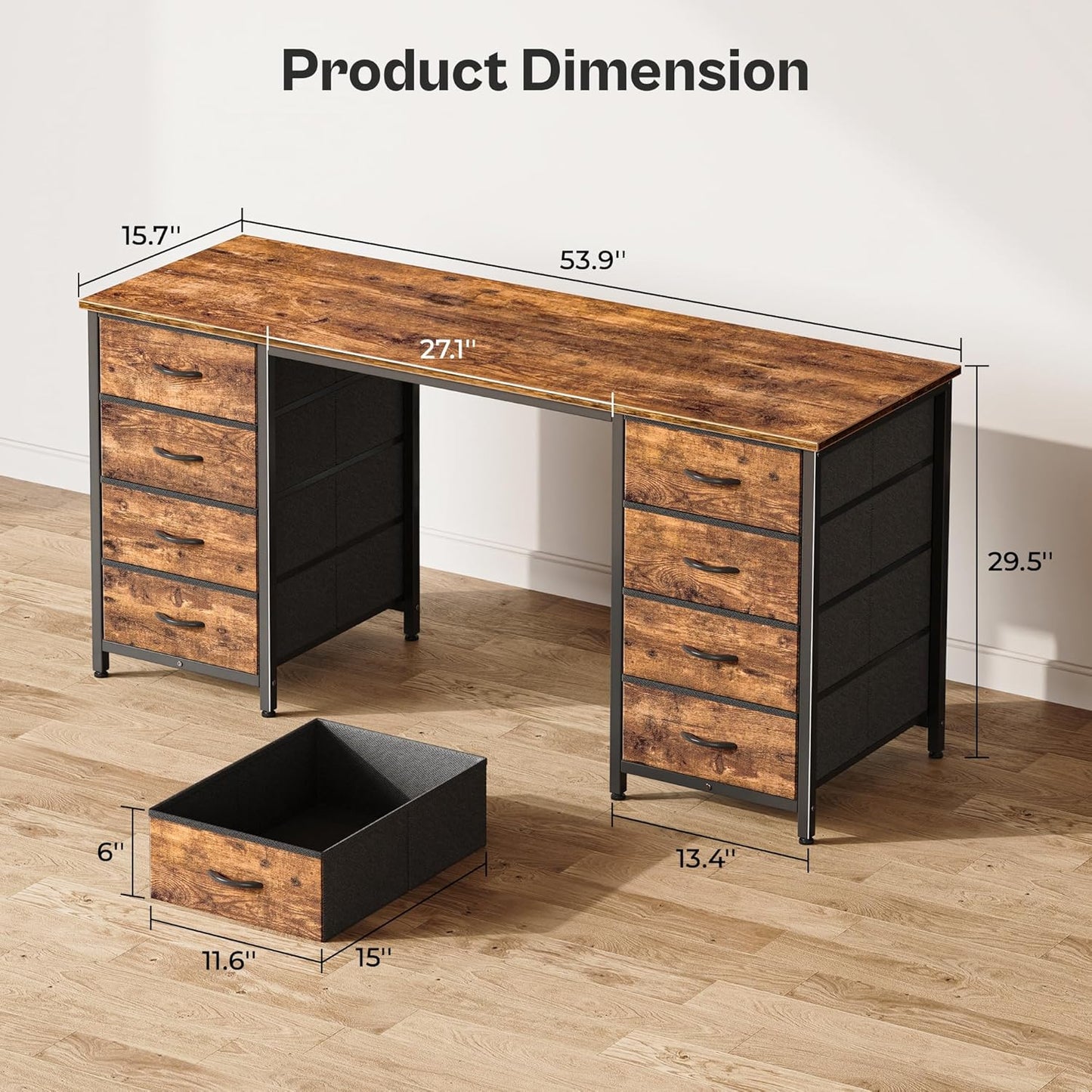 Huuger 55 Inch Computer Desk with 8 Fabric Drawers, Office Desk Work Desk for Home Office, Study, Gaming Desk with Drawers, Large Storage, Rustic Brown