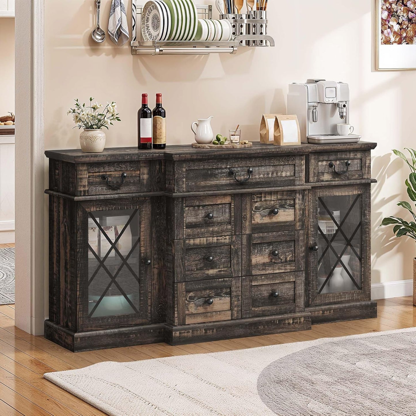 YITAHOME Television Stand for 65/55 Inch TV, Farmhouse TV Stand with 9 Drawers, Adjustable Shelves and Tempered Glass Doors, Entertainment Center TV Media Console for Living Room, Dark Rustic Oak
