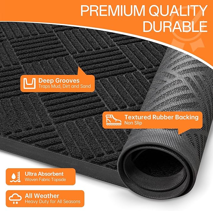 Indoor Outdoor Door Mat, 5’x 4' Doormat for Entryway, Rubber Backing Non Slip Front Door Mat Outside Entrance, Super Absorbent Commercial Floor Mat for Home Office, Black
