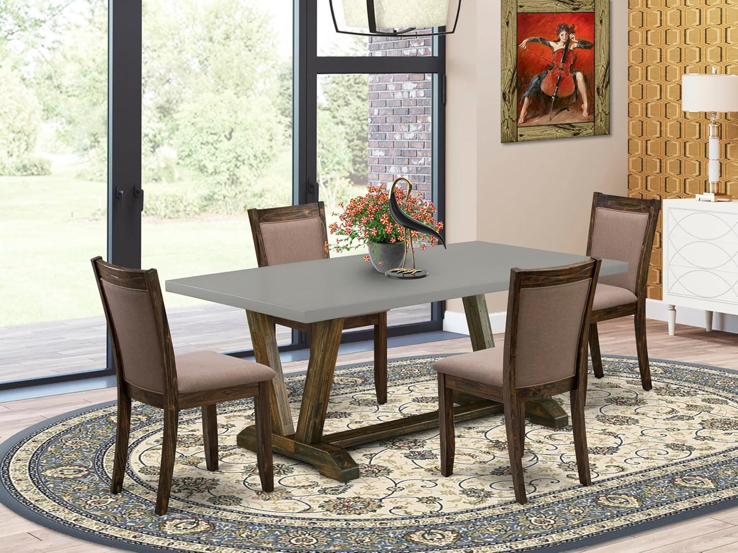 East West Furniture V797MZ748-5 5 Piece Modern Dining Table Set Includes a Rectangle Wooden Table with V-Legs and 4 Coffee Linen Fabric Upholstered Chairs, 40x72 Inch, Multi-Color