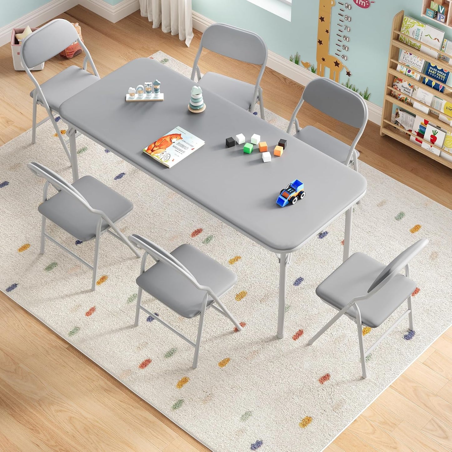 GarveeHome 7-Piece Kids Folding Table and Chairs Set, Toddlers Children's Activity Table and Chairs Set for Dining Room,Daycare,Classrooms