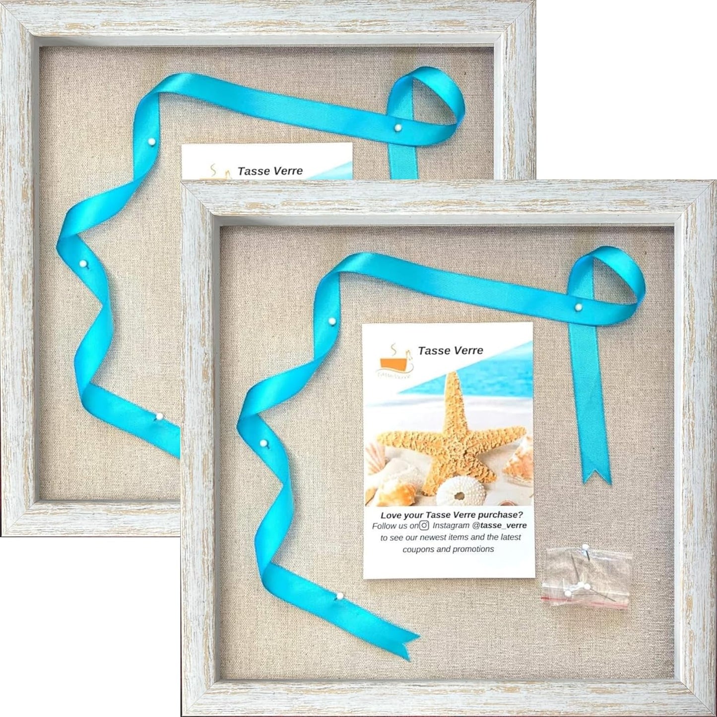 Tasse Verre 12x12 Rustic Display Shadow Box (2-Pack) Frame w/Linen Background and 16 Stick Pins - Ready to Hang Shadowbox Picture Frame - Box Display Baby Memorabilia Wedding