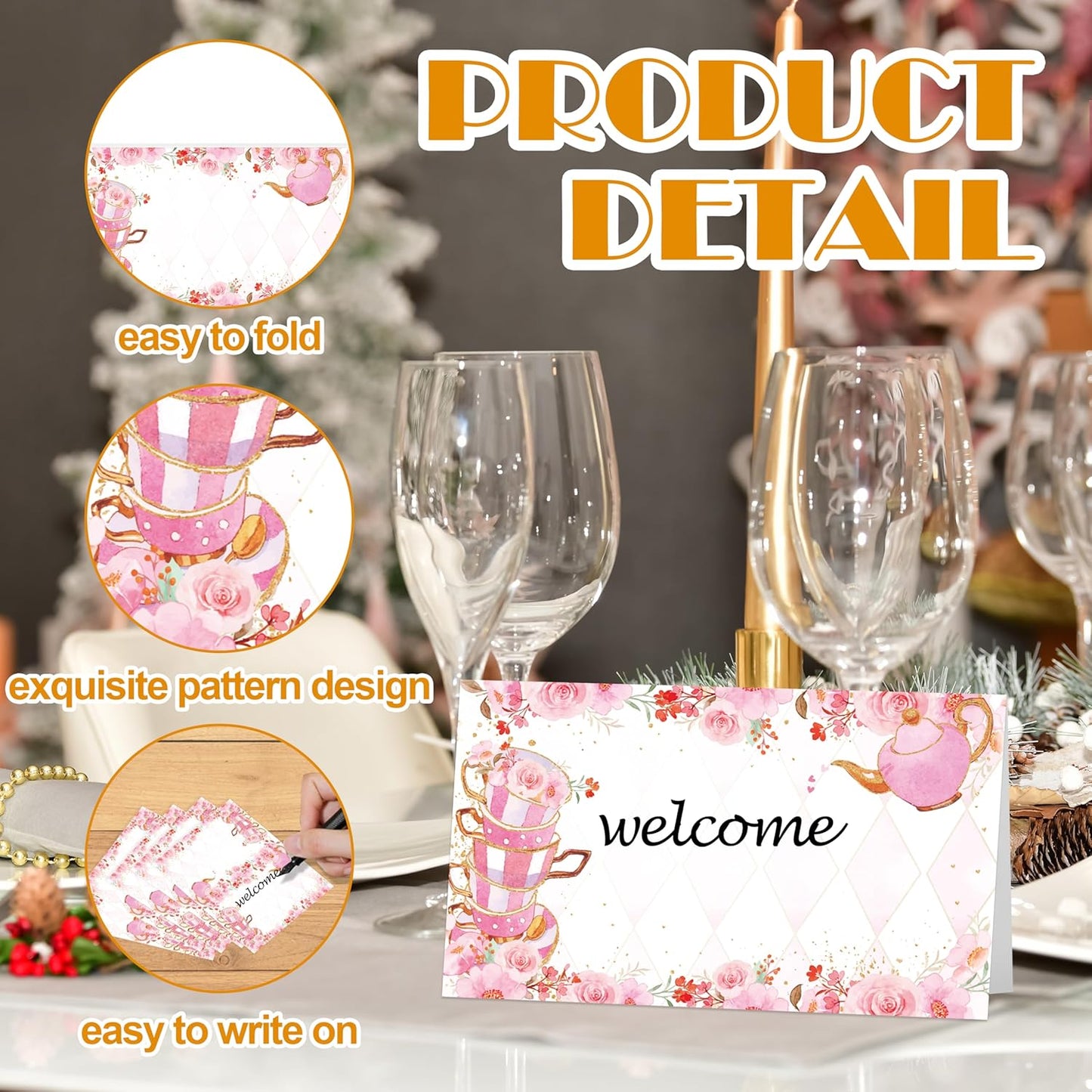 Tea Party Place Cards, Garden Floral Tea Cup Table Place Cards For Table Setting, Pink Name Cards For Birthday Baby Shower Girls Party Ladies Event Dinner Wedding, 25 Cards Included -06