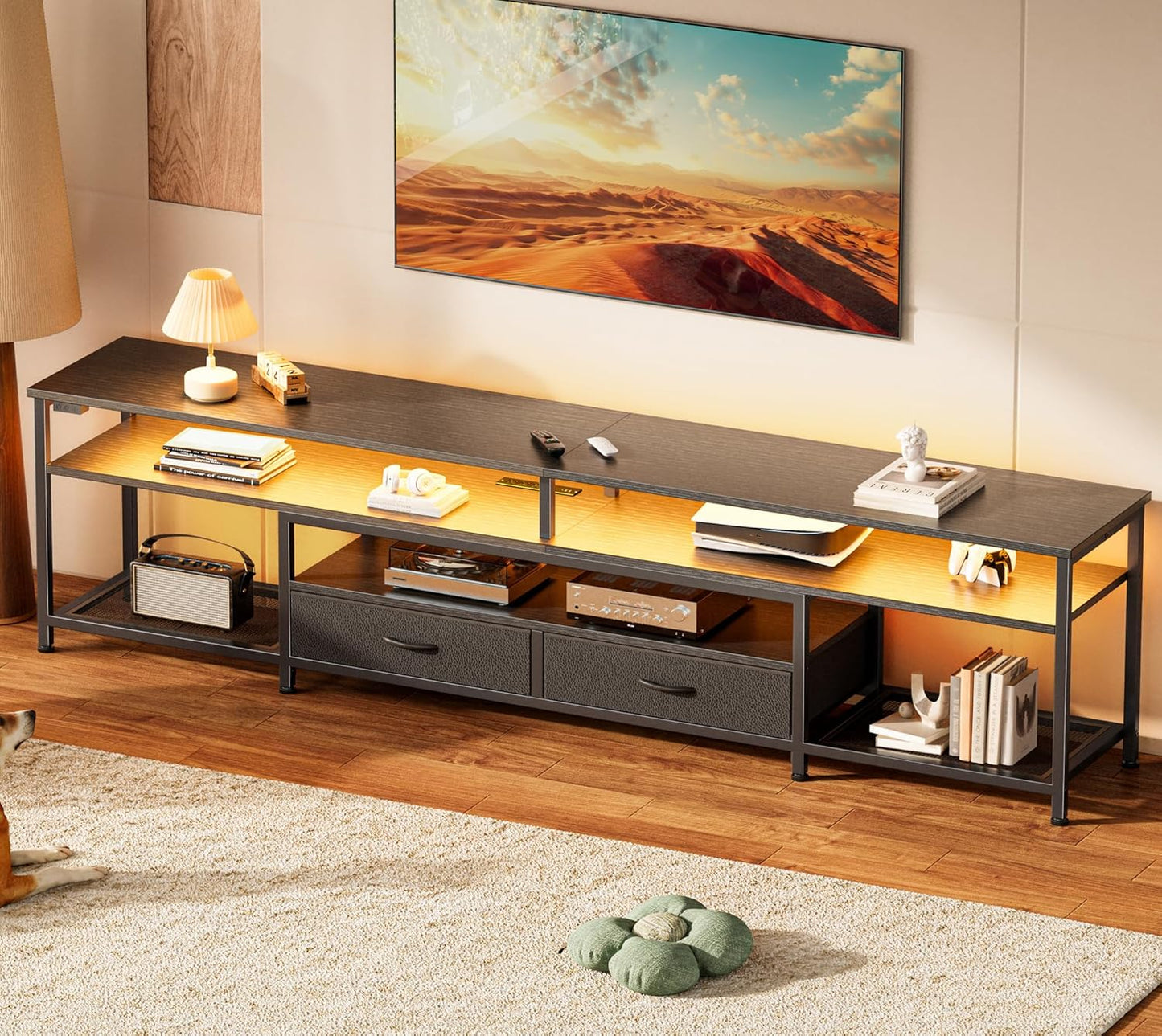 Huuger 79 Inch TV Stand for 85, 90 Inch TV, Entertainment Center with LED Lights and Power Outlets, TV Console with Drawers, Shelves, Type C, PU Leather Surface, for Living Room, Black