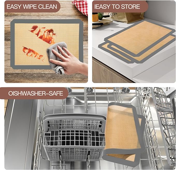 2-Pack Non-Stick Silicone Baking Mat, Food Safe Silicone Mats for Baking Cookies and Macarons - Silicone Baking Sheet(Gray）