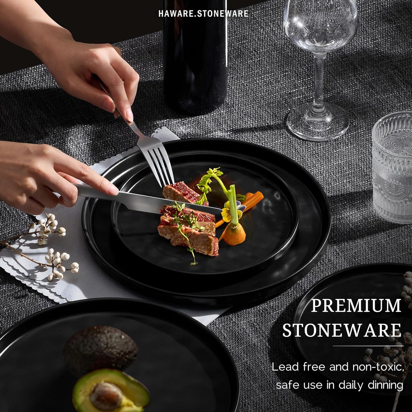 HaWare Dinnerware Sets, 6-Piece Plates and Bowls Set, Stoneware Dish Set for 2, Ceramic Dinnerware for Home Restaurant, Chip and Scratch Resistant, Microwave and Dishwasher Safe, Matte Black