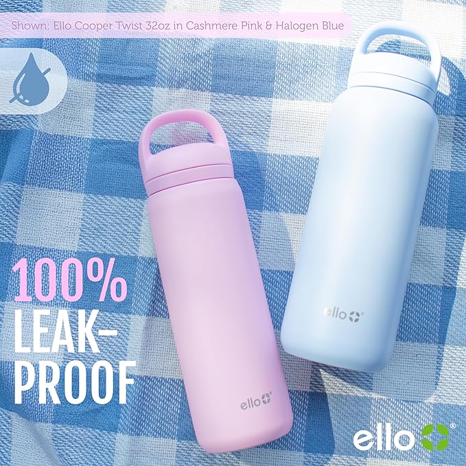 Ello Cooper Twist 22oz Stainless Steel Water Bottle with Chug Lid | Leak Proof Double Walled and Vacuum Insulated | Fits Car Cupholder | Built in Carry Loop | Dishwasher Safe | Gray