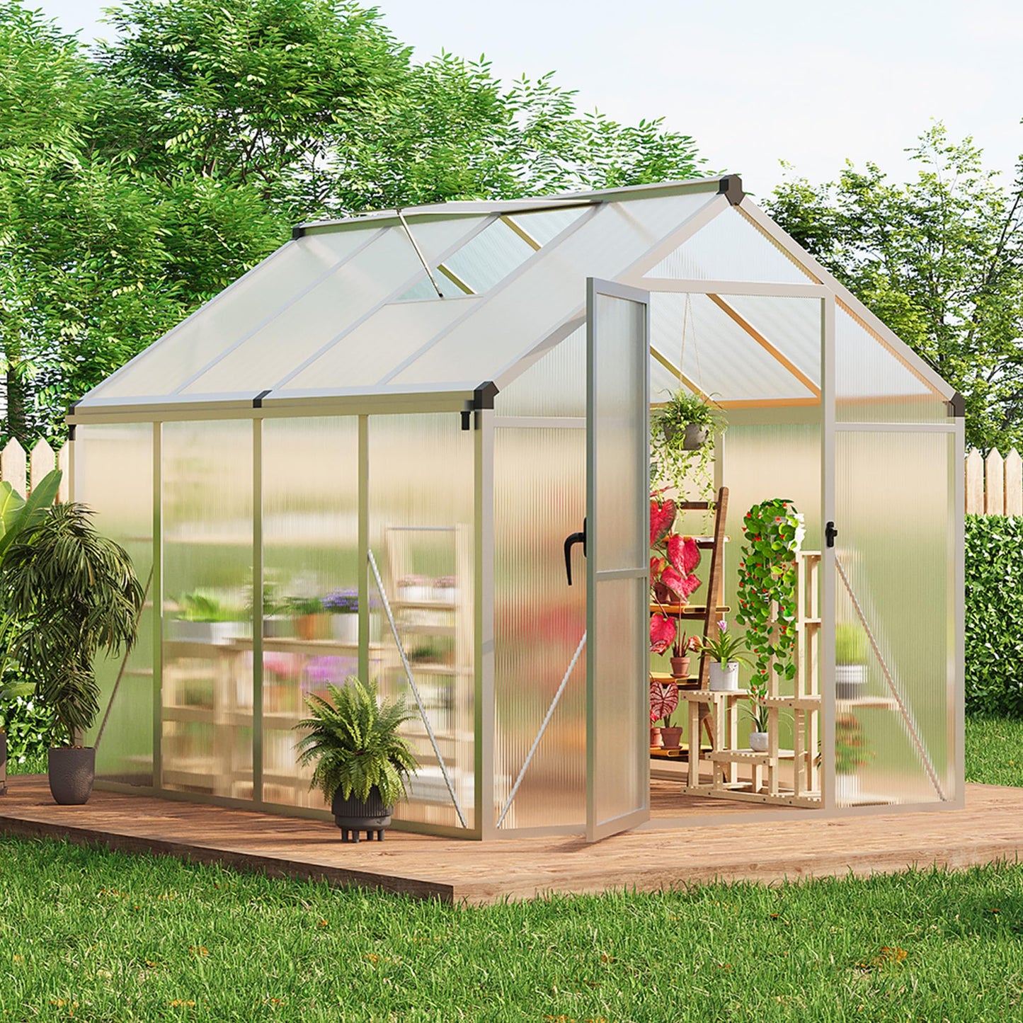 6x8 FT Greenhouse for Outdoors, Polycarbonate Greenhouse with Roof Vent, Ground Nails, Lockable Push Door, Aluminum Large Walk-in Green House for Outside Garden Backyard, Patio, Lawn, Silver