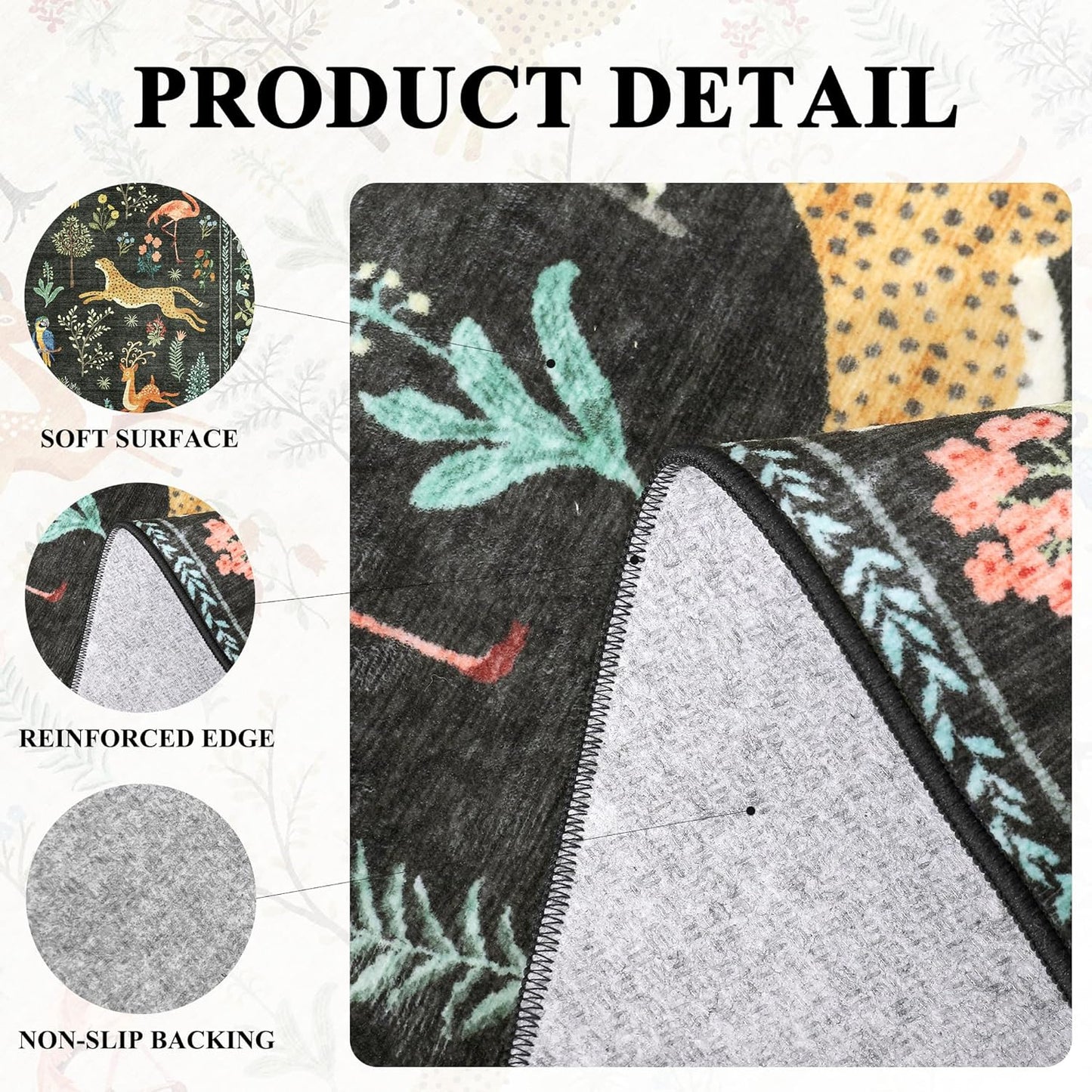 DUKINO 9x12 Rug, Washable Animal Living Room Rug with Non Slip Vintage Design, Soft Low Pile Large Carpet for Bedroom, Nursery, Dining Room, Farmhouse, Playroom, Black