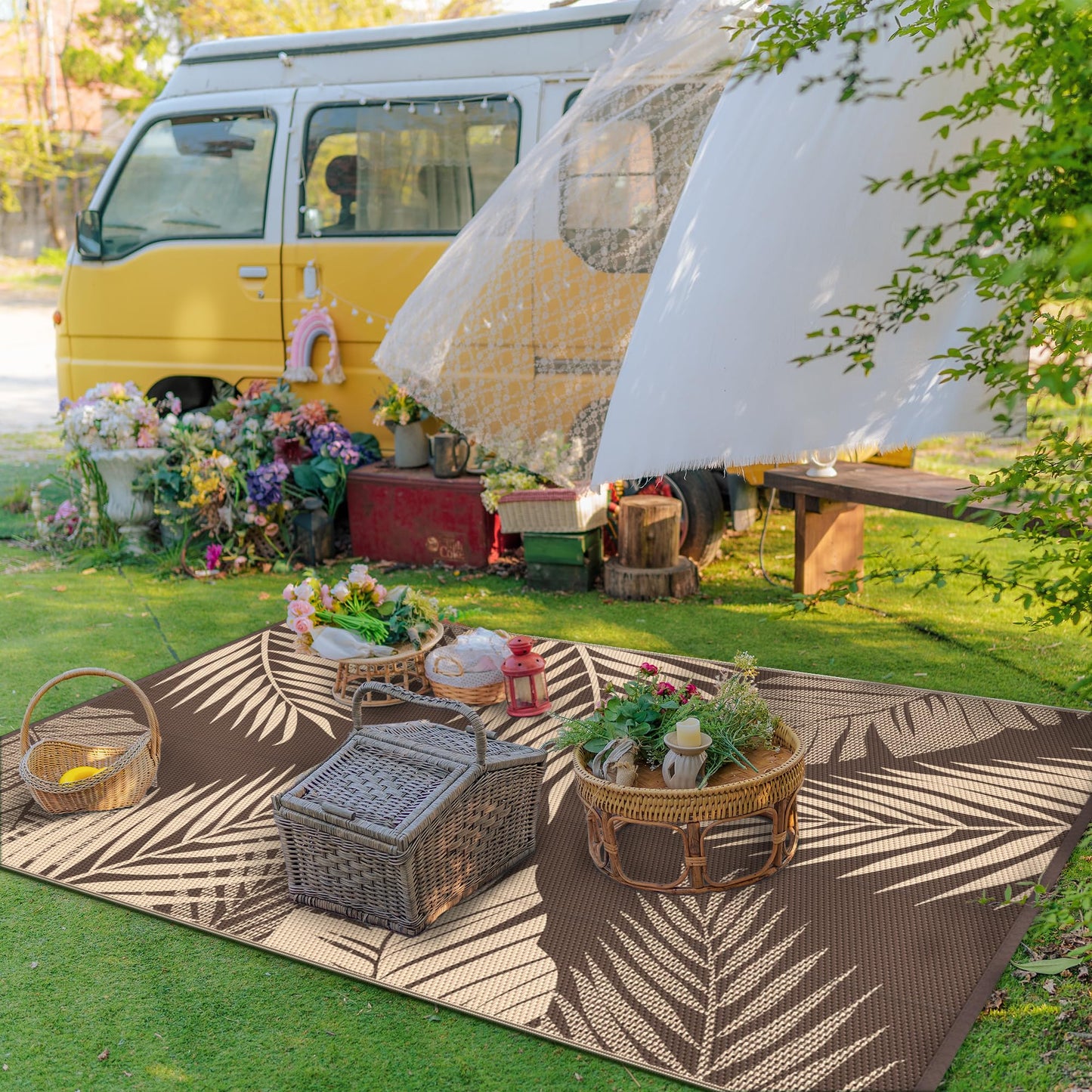 GENIMO Outdoor Rug 9' x 12' Waterproof for Patios Clearance, Reversible Outdoor Plastic Straw Camping Rug Carpet, Large Area Rugs Mats for RV, Camper, Deck, Balcony, Porch, Beach, Picnic, Coffee&Beige