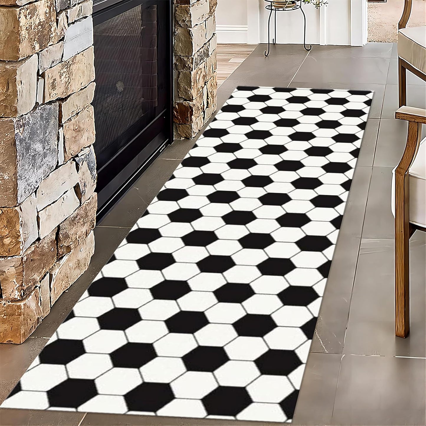 Football Pattern Runner Rugs for Hallway, 2x8ft, Black White Geometric Entrance Rug, Machine Washable High Traffic Rug, with Non Slip Backing Absorbent Carpet for Entryway Living Room