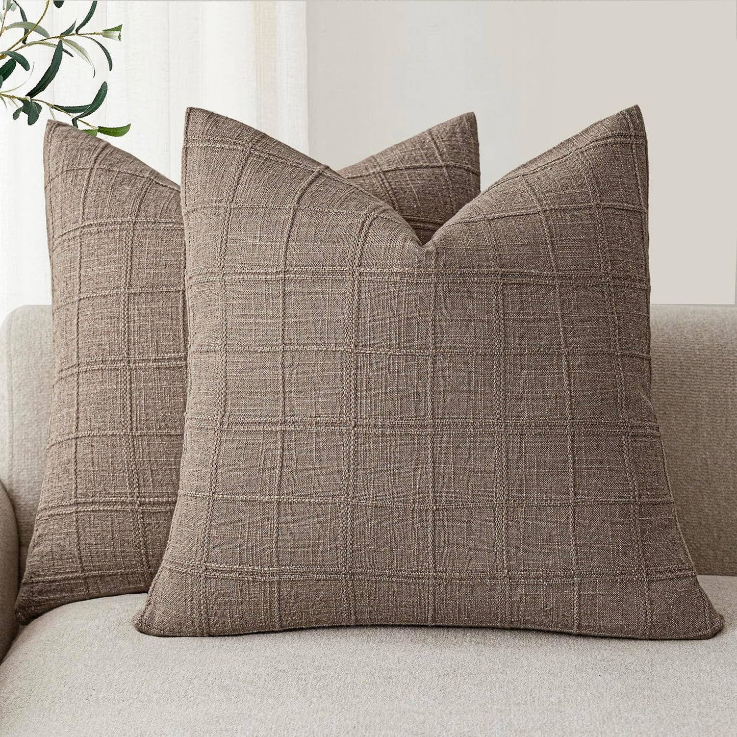 Foindtower Set of 2 Decorative Linen Check Throw Pillow Covers Neutral Farmhouse Vintage Cushion Covers Modern Boho Home Decor for Sofa Chair Couch Bedroom Living Room Outdoor,24×24 Inch,Tan Taupe