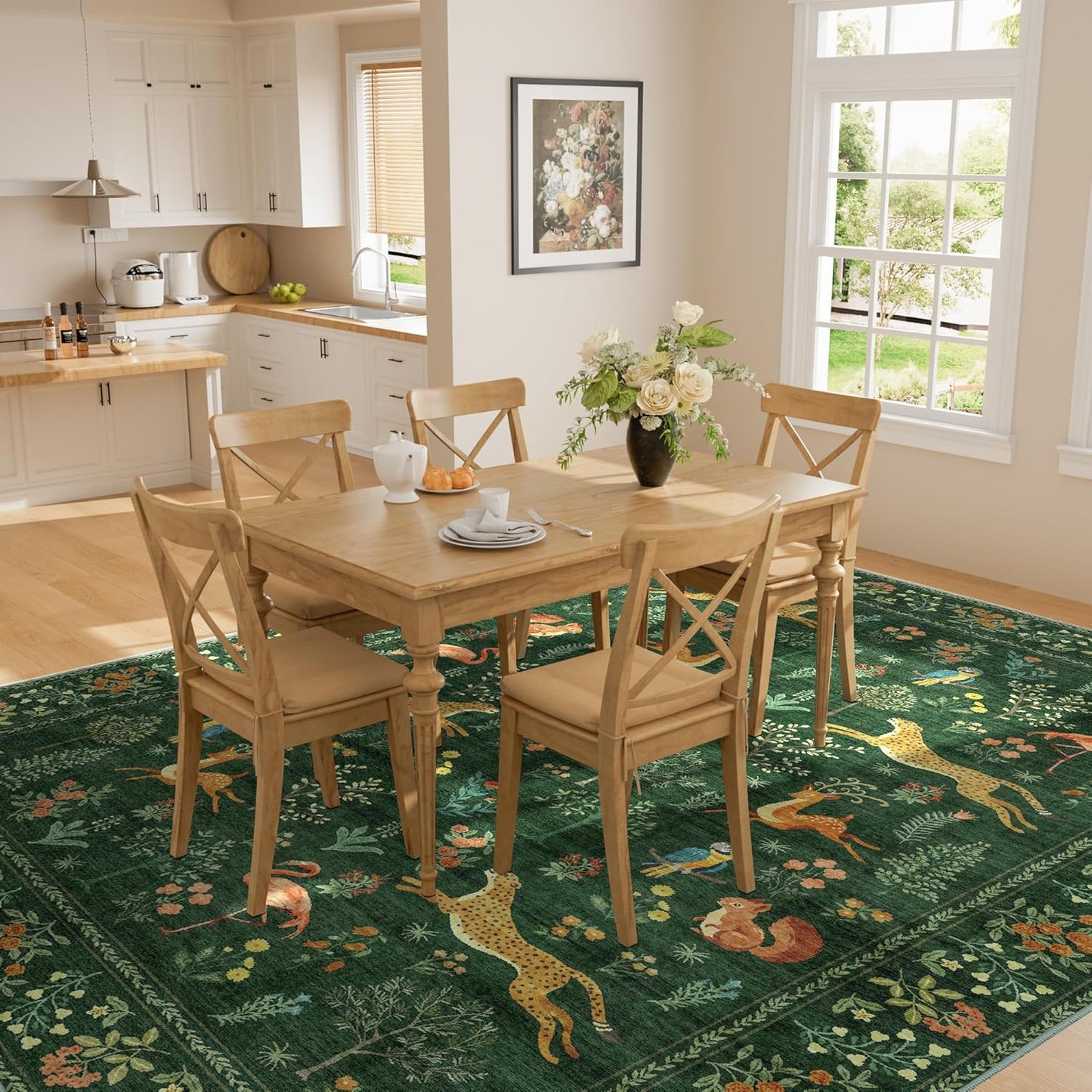 DUKINO 5x7 Rug, Washable Animal Living Room Rug with Non Slip Vintage Design, Soft Low Pile Large Carpet for Bedroom, Nursery, Dining Room, Farmhouse, Playroom, Green