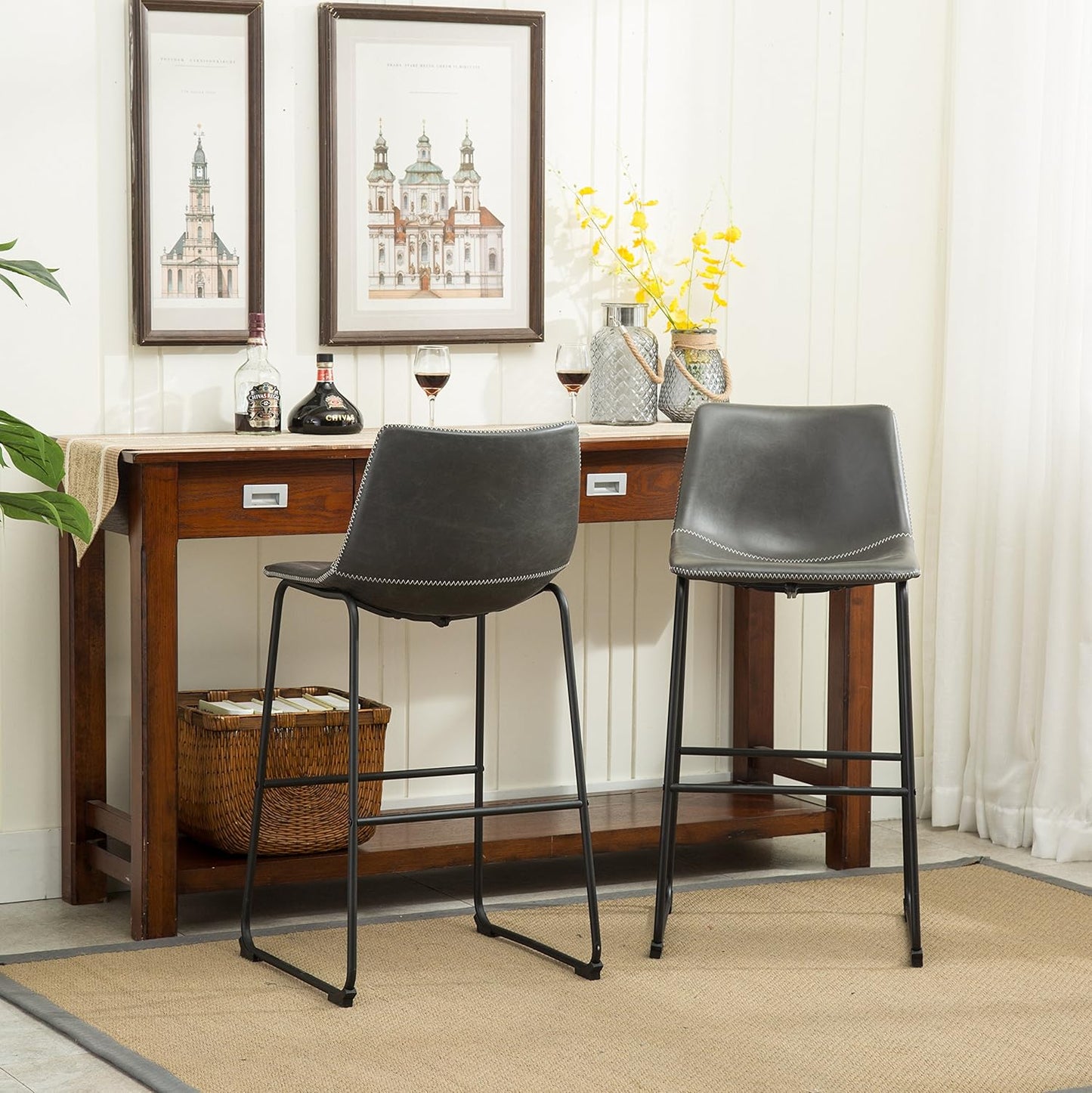 Roundhill Furniture Lotusville Vintage PU Leather Bar Stools, Antique Gray, Set of 2