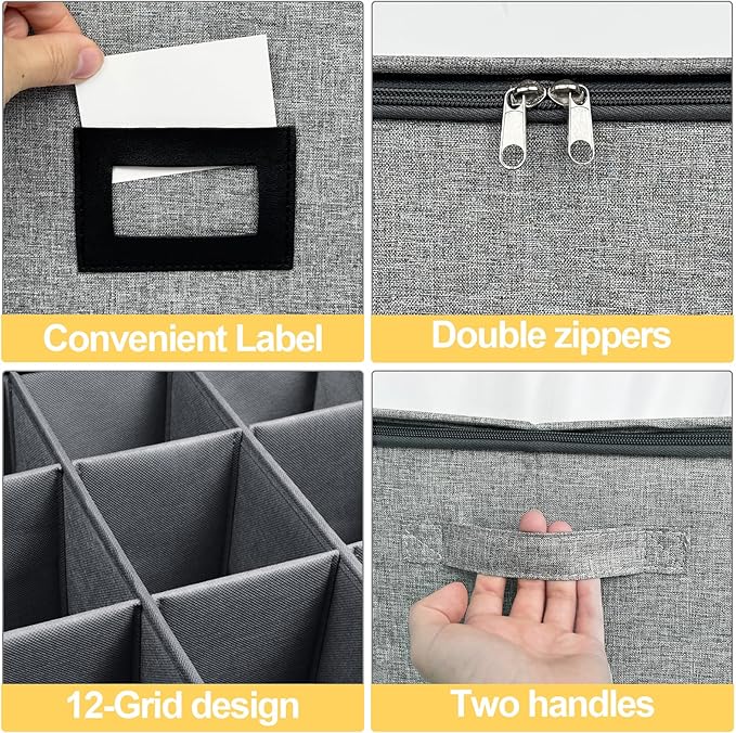 VERONLY Champagne Flute Storage Box with Dividers, Champagne Glass Storage Container, Hard Shell Stemware Storage Case Organizer for 12 Crystal Champagne Flutes Storage and Organization (Grey)