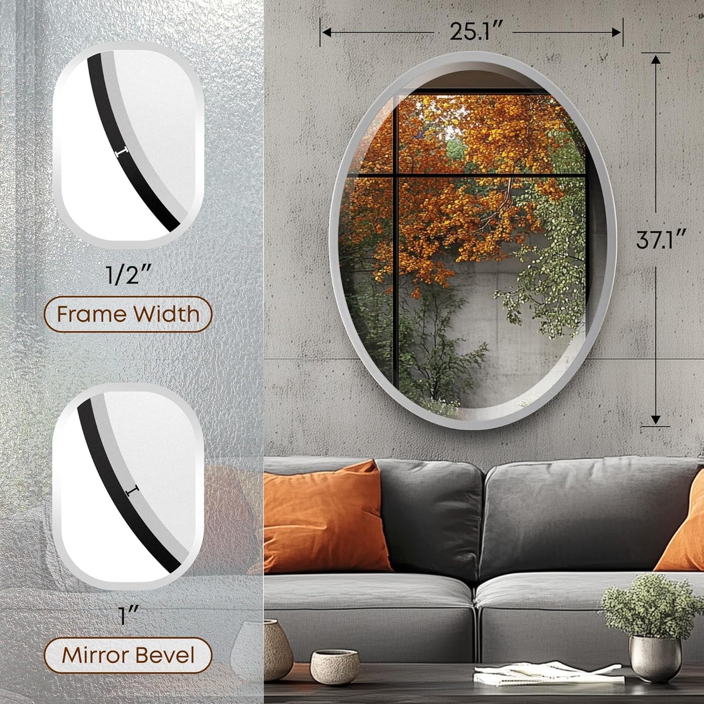 OVALCREST - Oval Wooden Beveled Wall Mirror for Home Decor, Bathroom, Vanity, Bedroom, Living Room, Hallway - London Style (Silver Spray) 25.1 x 37.1