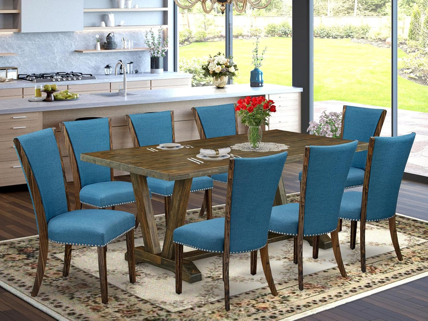 East West Furniture V777VE721-9 9 Piece Modern Dining Table Set Includes a Rectangle Wooden Table with V-Legs and 8 Blue Color Linen Fabric Parsons Dining Chairs, 40x72 Inch, Multi-Color