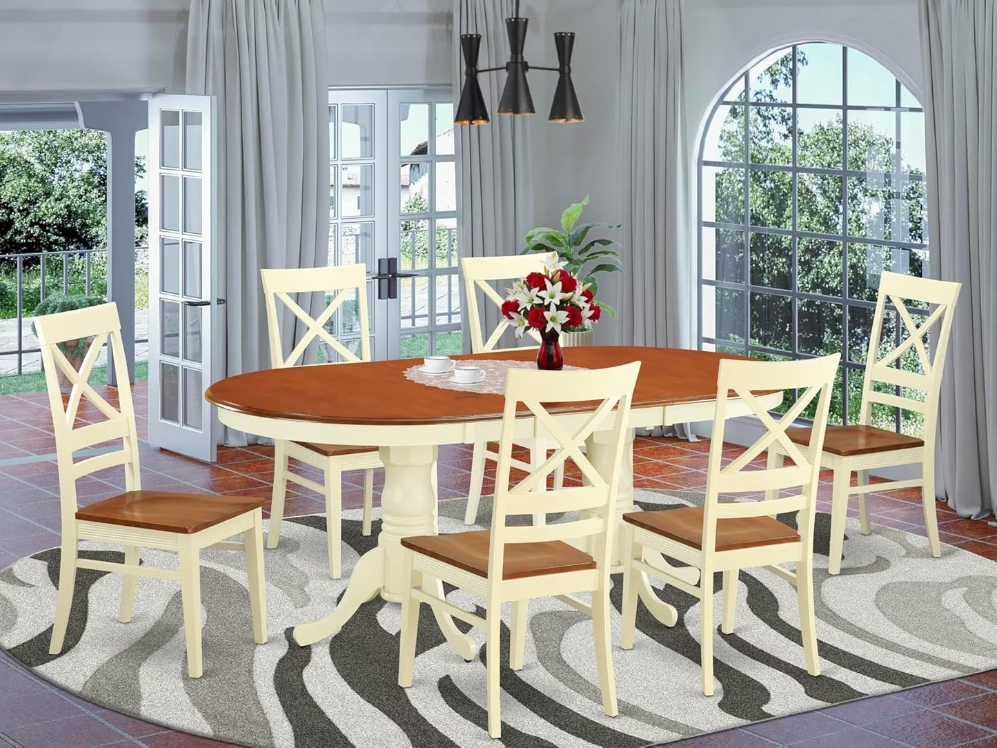 East West Furniture PLQU7-WHI-W 7 Piece Kitchen Table & Chairs Set Consist of an Oval Dining Room Table with Butterfly Leaf and 6 Solid Wood Seat Chairs, 42x78 Inch, Buttermilk & Cherry