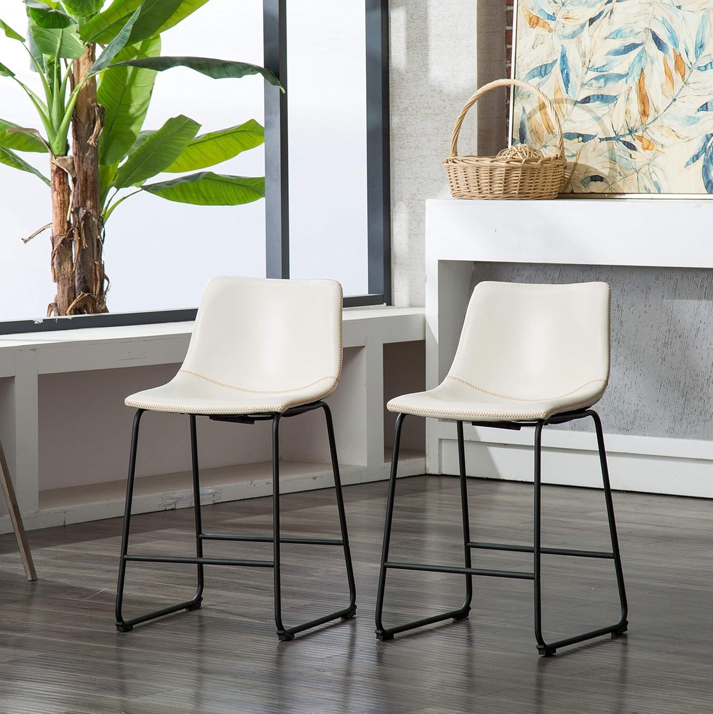 Roundhill Furniture PC185WH Lotusville Vintage PU Leather Counter Height Stools, Set of 2, White