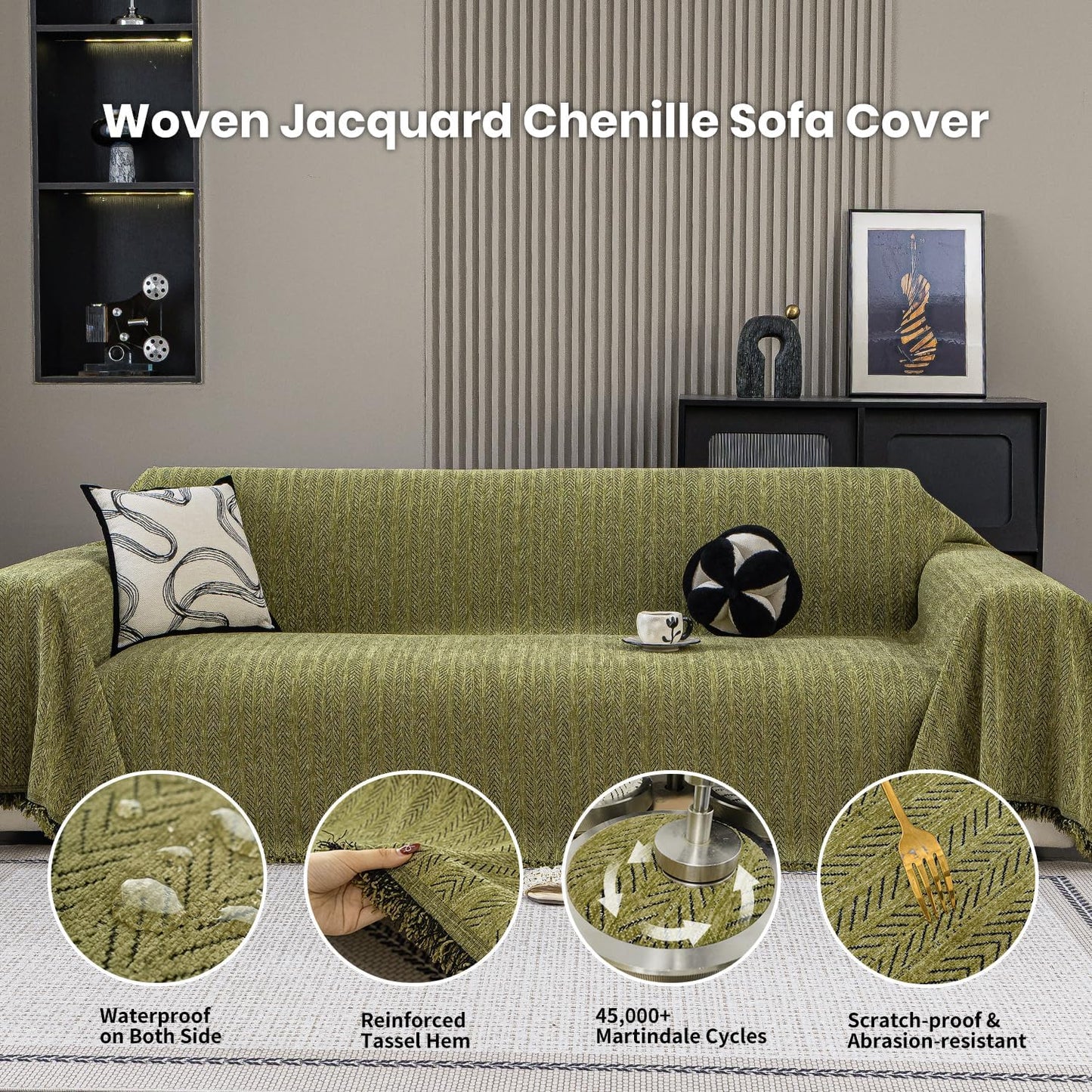 Nobildonna Sofa Cover Washable Soft Thicken Chenille Couch Cover with Tassel,Waterproof Sofa Slipcover for 2-3 Cushion Couch,Sectional Sofa,L-Shaped Furniture Protector Pet-Friendly,Green 71"x118"