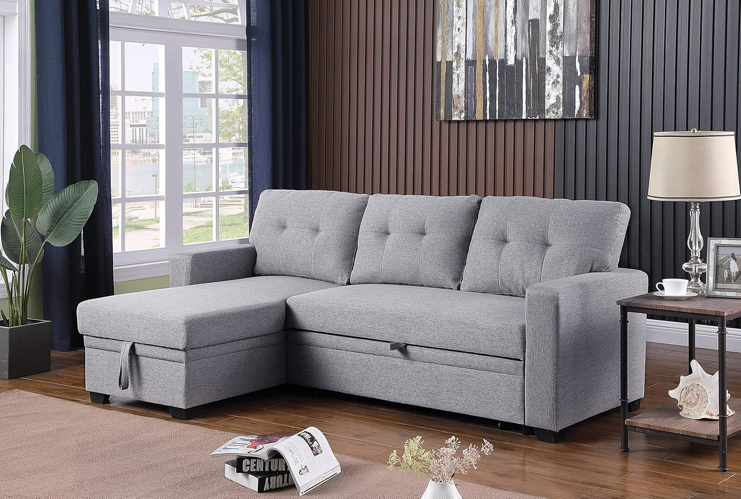 Devion Furniture Meridian 4-in-1 Convertible L Shaped Couch with Pull Out Bed and Storage, Sectional Sleeper Sofa with Reversible Chaise for Living Room, Apartment, Bedroom, Office