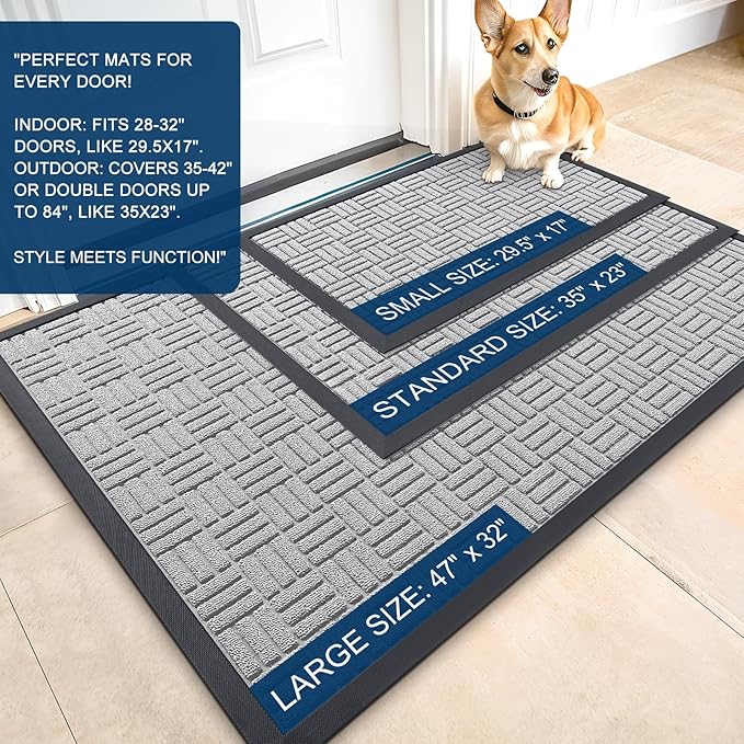 OLANLY Front Door Mat Outside Entrance 59x23, Absorbent, Heavy Duty Sturdy Natural Rubber Doormat Indoor Outdoor, Non-Slip, Stain and Fade Resistant, Low Profile Floor Mat for Entryway, Light Gray
