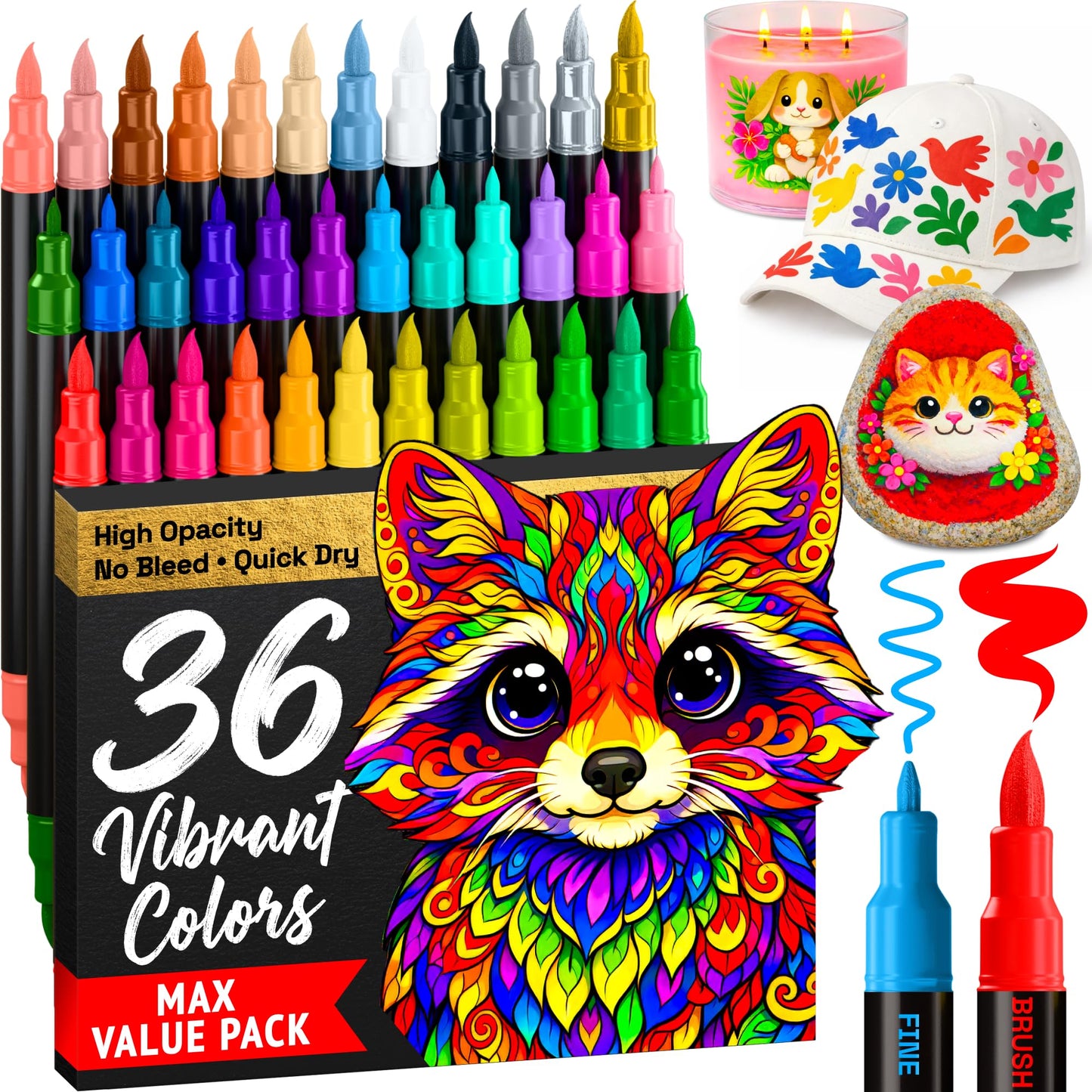 ARTISTRO 36 Acrylic Paint Markers - Paint Pens for Drawing, Brush + Fine Tips - For Fabric, Rock, Glass, Wood, DIY - Art & Craft Supplies for Adults, Teens, Kids - Teacher Appreciation Gift