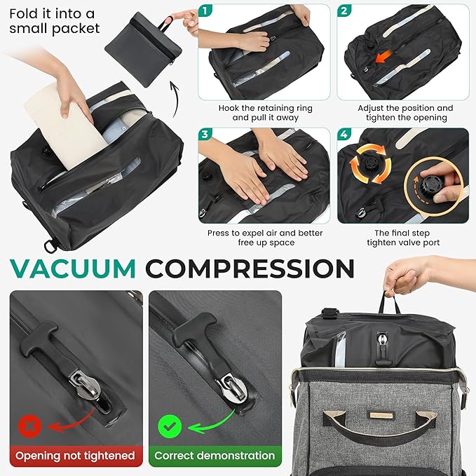 Vacuum Compression Diaper Bag, Expandable Waterproof Baby Travel Backpack with Insulated Pockets, Wet-Dry Separation, and Detachable Airtight Bag(No Air Pump)