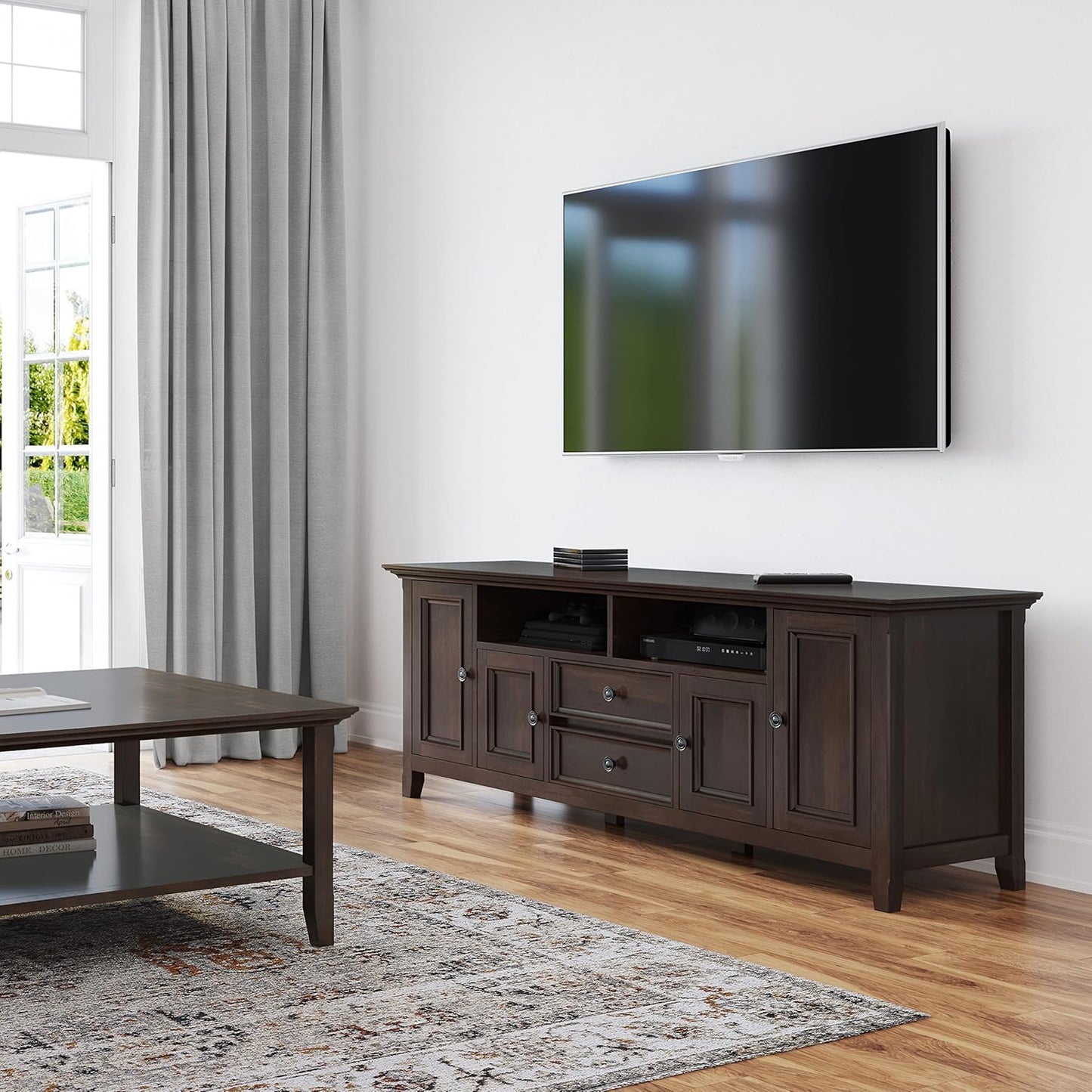 SIMPLIHOME Amherst 72-inch Wide Solid Wood TV Stand in Brunette Brown, Transitional-Style Media Console for Living Room with Cable Management and Adjustable Shelves, Fits 80" TVs
