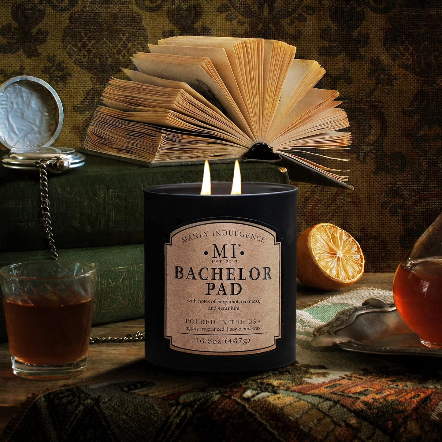 Manly Indulgence Bachelor Pad Scented Candles for Men, 2 Wick, 16.5 oz Premium Soy Blend Wax, 60H Burn, Candles for Home Scented - Made in The USA