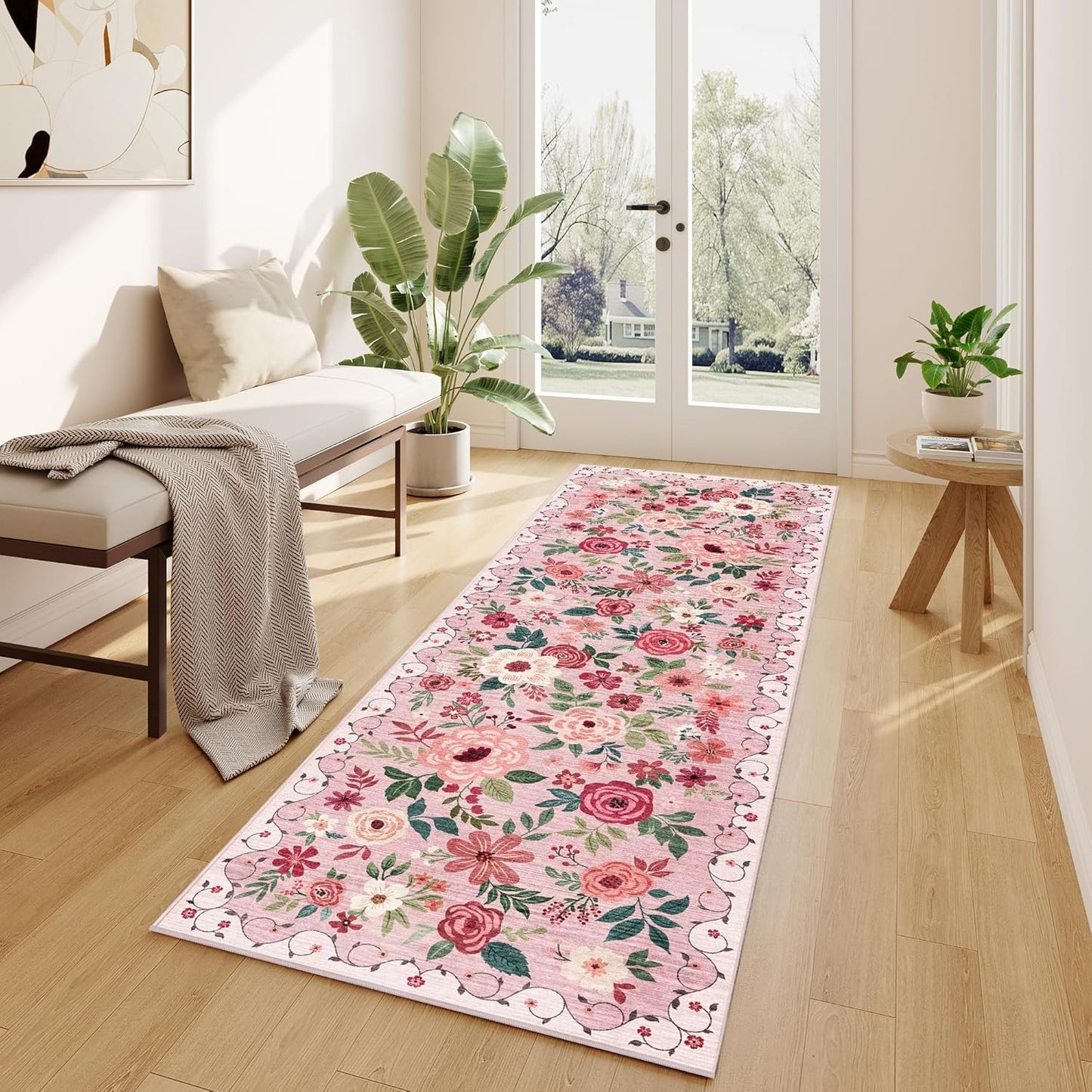 DUKINO 2x10 Kitchen Runner Rug for Hallway, Washable Runner Rug with Non Slip Backing, Low Pile Soft Boho Floral Carpet for Kitchen, Hallway, Entryway, Laundry, Bedroom, Pink