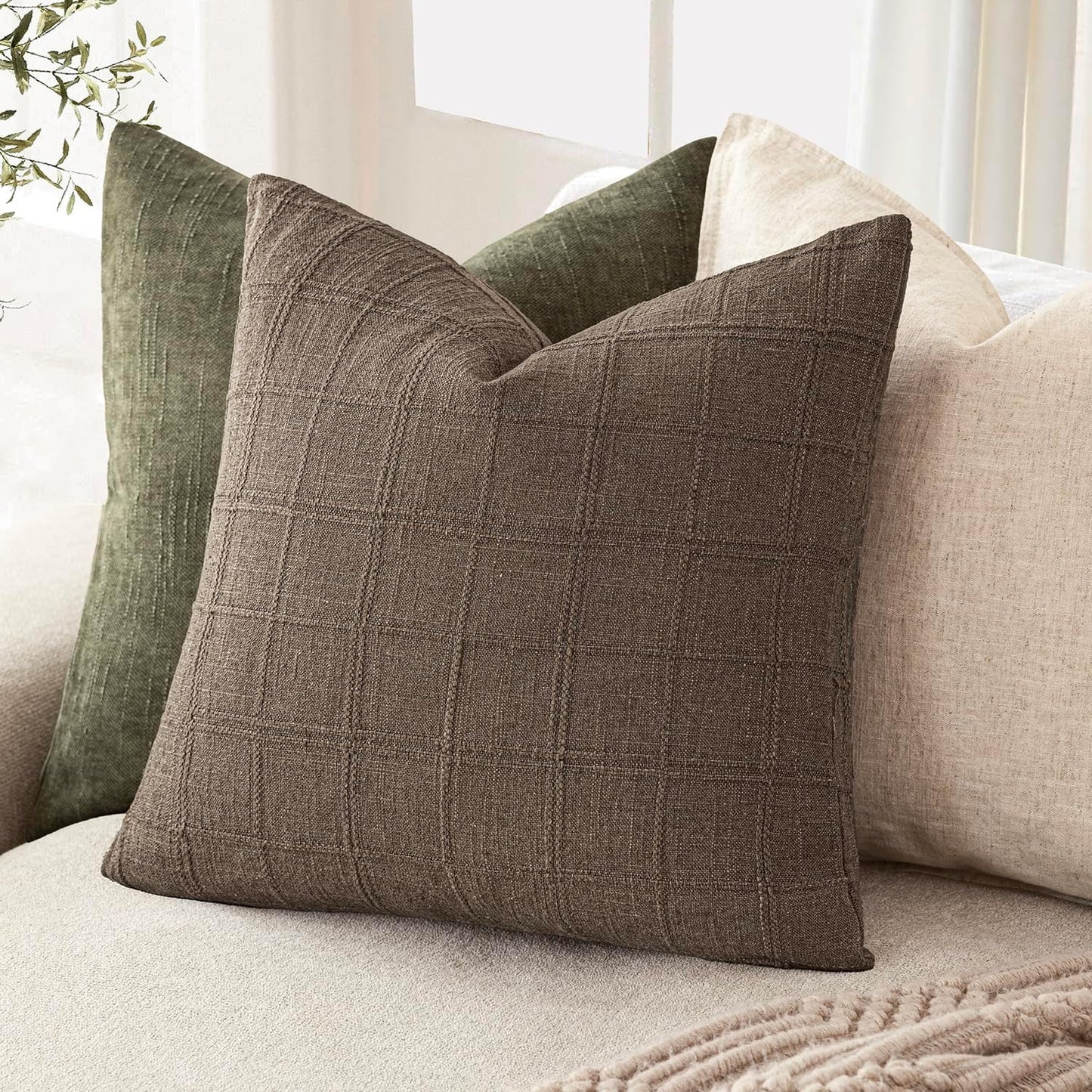 Foindtower Set of 2 Decorative Linen Check Throw Pillow Covers Neutral Farmhouse Vintage Cushion Covers Modern Boho Home Decor for Sofa Chair Couch Bedroom Living Room Outdoor,20×20 Inch,Taupe Grey