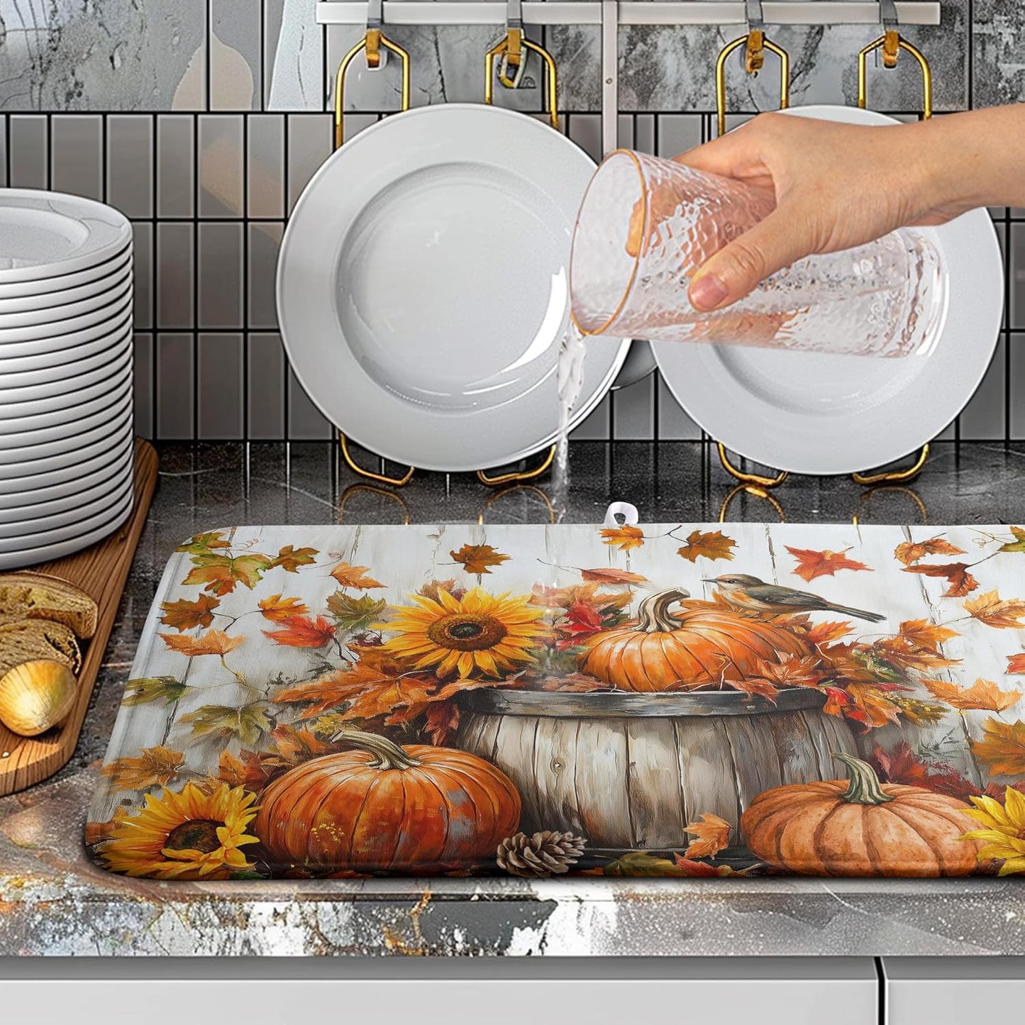 Fall Dish Drying Mat for Kitchen Counter Pumpkin Sunflower Maple Leaf Birds Drying Mats Autumn Thanksgiving Harvest Dish Drainer Mat Absorbent Microfiber Dishes Pad Large 18x24 Inch