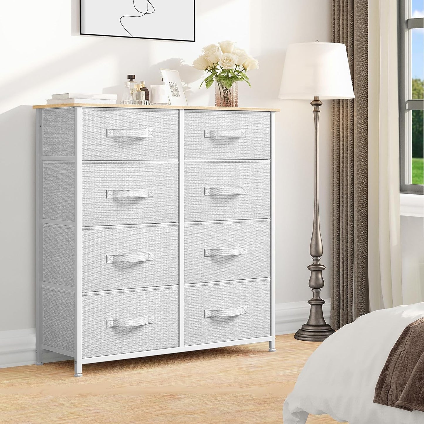 DWVO Fabric Dresser for Bedroom, Tall Dresser with 8 Drawers, Storage Tower with Fabric Bins, Chest of Drawers for Closet & Living Room - Sturdy Steel Frame, Wooden Top