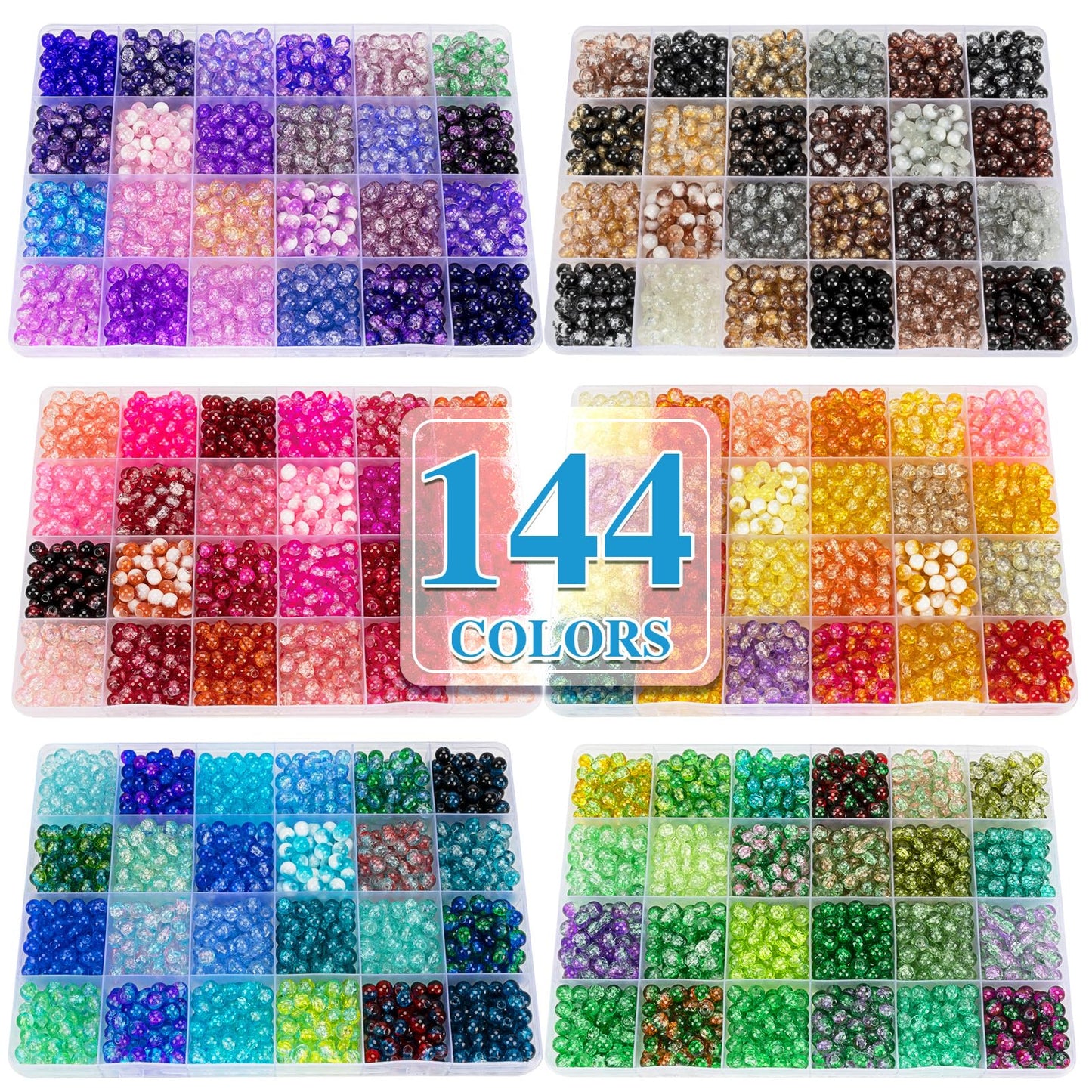 XSEINO About 7200pcs 144 Colors 6mm Crackle Glass Beads Bracelet Making Kit,6Box Different Style Crack Series Colorful Crystal Beads for Bracelet Jewelry Making,DIY Crafts,Friendship Bracelets