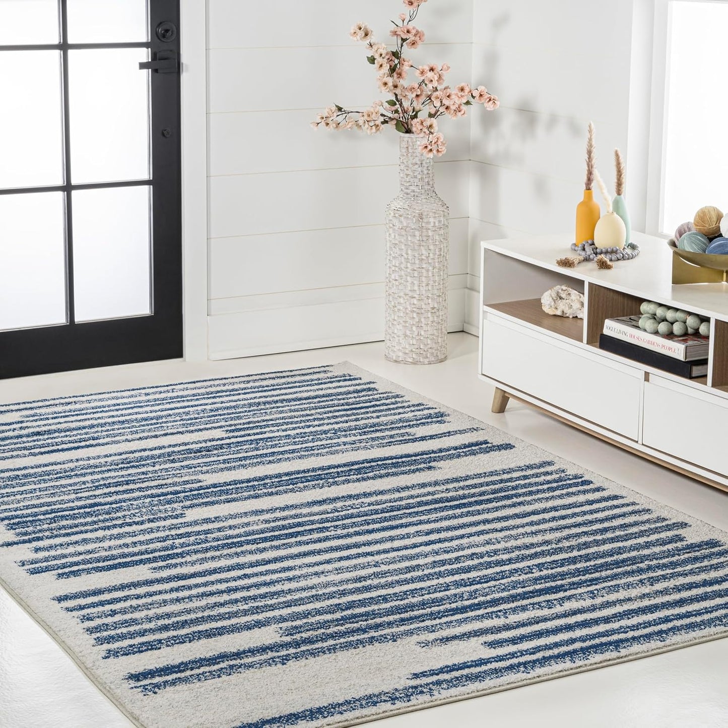 JONATHAN Y Khalil Modern Berber Stripe Cream/Navy Indoor Area Rug, 4x6, Contemporary, Bohemian, Easy-Cleaning for Living Room, Bedroom, Kitchen, Pet Friendly, Non-Shedding (MOH207E-4)