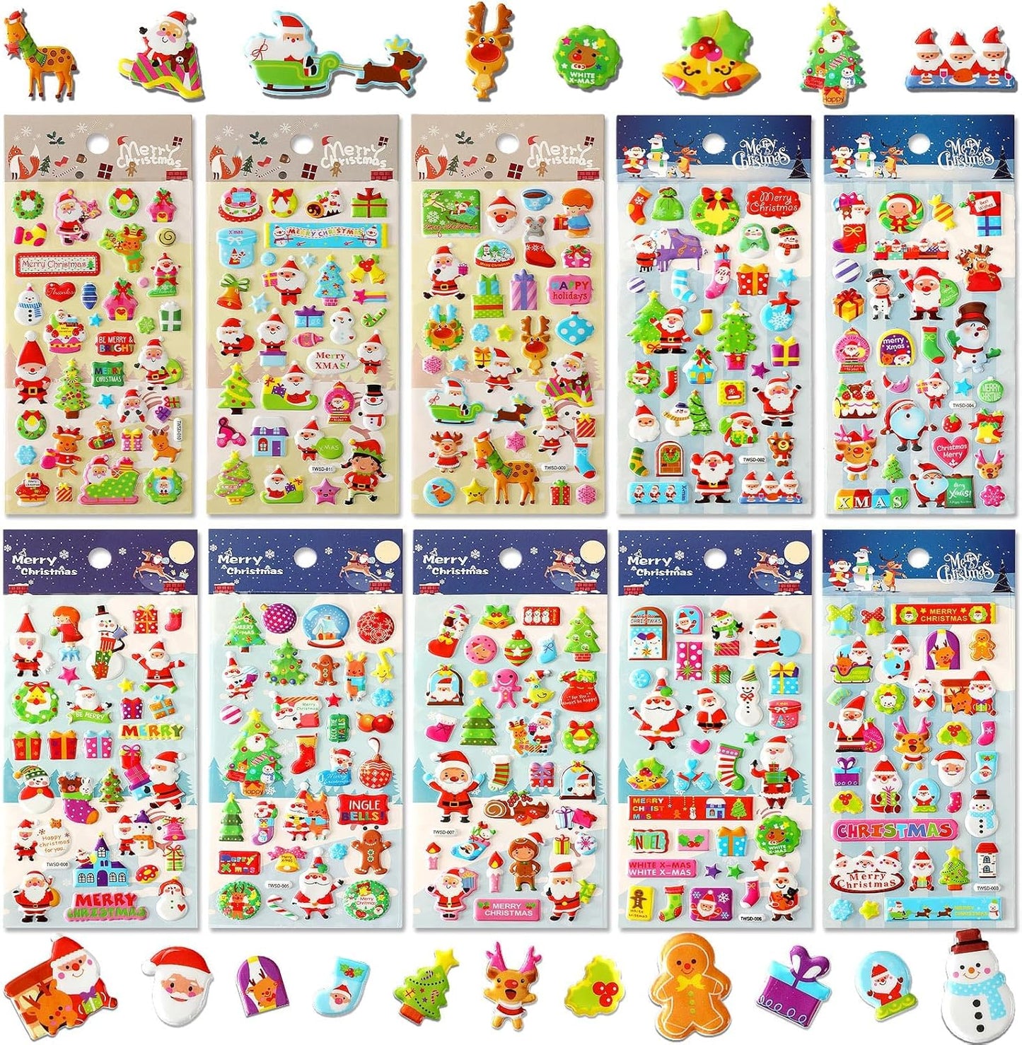 UPINS Christmas Stickers for Kids, 10 Sheets Holiday 3D Puffy Foam Decals - Cute Snowman, Reindeer, Tree, Santa for Party Favors, Scrapbooking, DIY Crafts