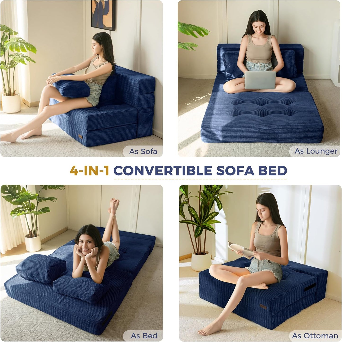 MAXYOYO Convertible Sofa Bed, Fold Out Sleeper Sofa with Pillow, 4 in 1 Tufted Folding Couch Bed Foam Floor Couch, Lazy Chair for Living Room Bedroom Guest Room, Navy