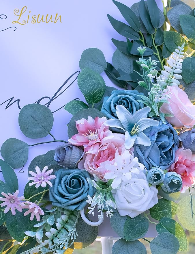 Wedding Arch Flowers, Artificial Floral Decor for Wedding Ceremony & Reception, Standard Size Large Flower Swag Set for Backdrop & Welcome Sign, Pack of 2 (Pink & Blue)
