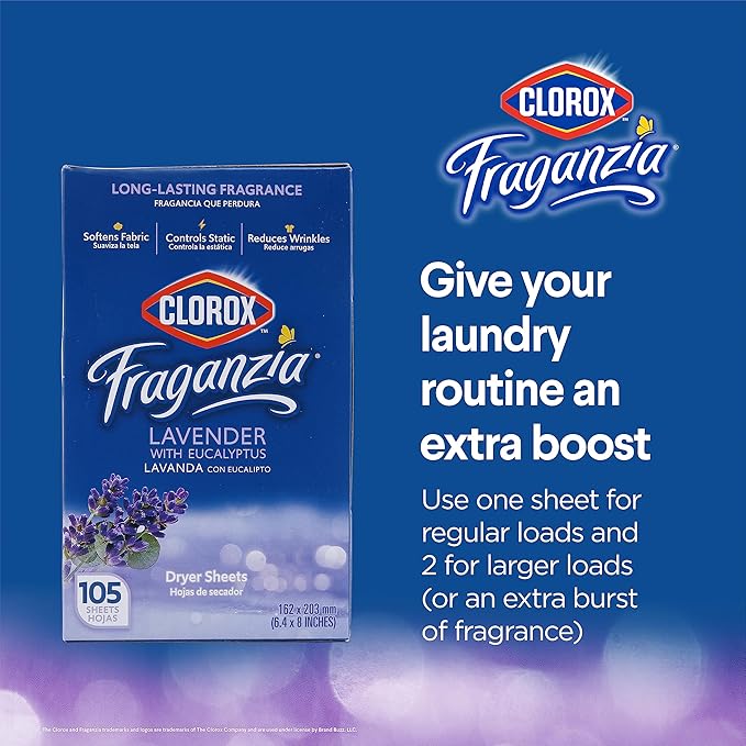 Clorox Fraganzia Fabric Softener Dryer Sheets, Lavender Scent - Wrinkle Reducing Scented Softening Laundry Dryer Sheets for Great Smelling Clothes, 105 Count