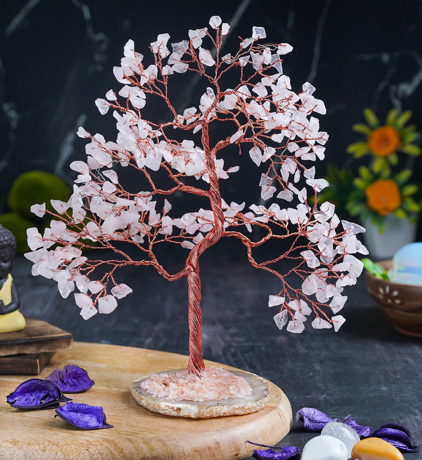 Rose Quartz Gemstone Tree of Life - Geode Agate Slice Base, Handmade Crystal Tree, Pink Healing Stone for Heart Chakra Unconditional Love - Relationships, Attract Good Luck, Self-Love, Gift