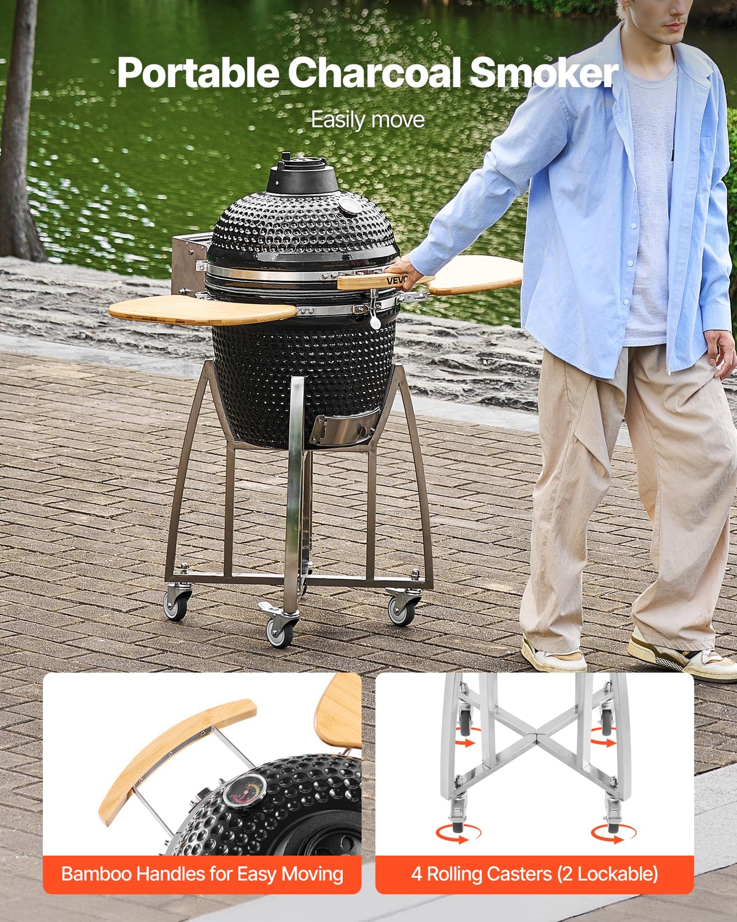 VEVOR Charcoal Smoker and Grill, 18" Kamado Charcoal BBQ Smoker, Movable Ceramic Barbecue Grill with 4 Wheels (2 Lockable), Built-in Thermometer, Air Vents & Side Shelf for Outdoor Patio Yard Cooking