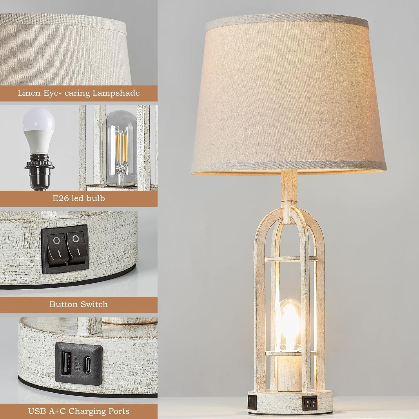 Farmhouse Table Lamps for Living Room Set of 2 - Rustic Industrial Bedside Lamps for Bedroom Nightstand with Nightlight and USB A+C, 4 Bulbs Included