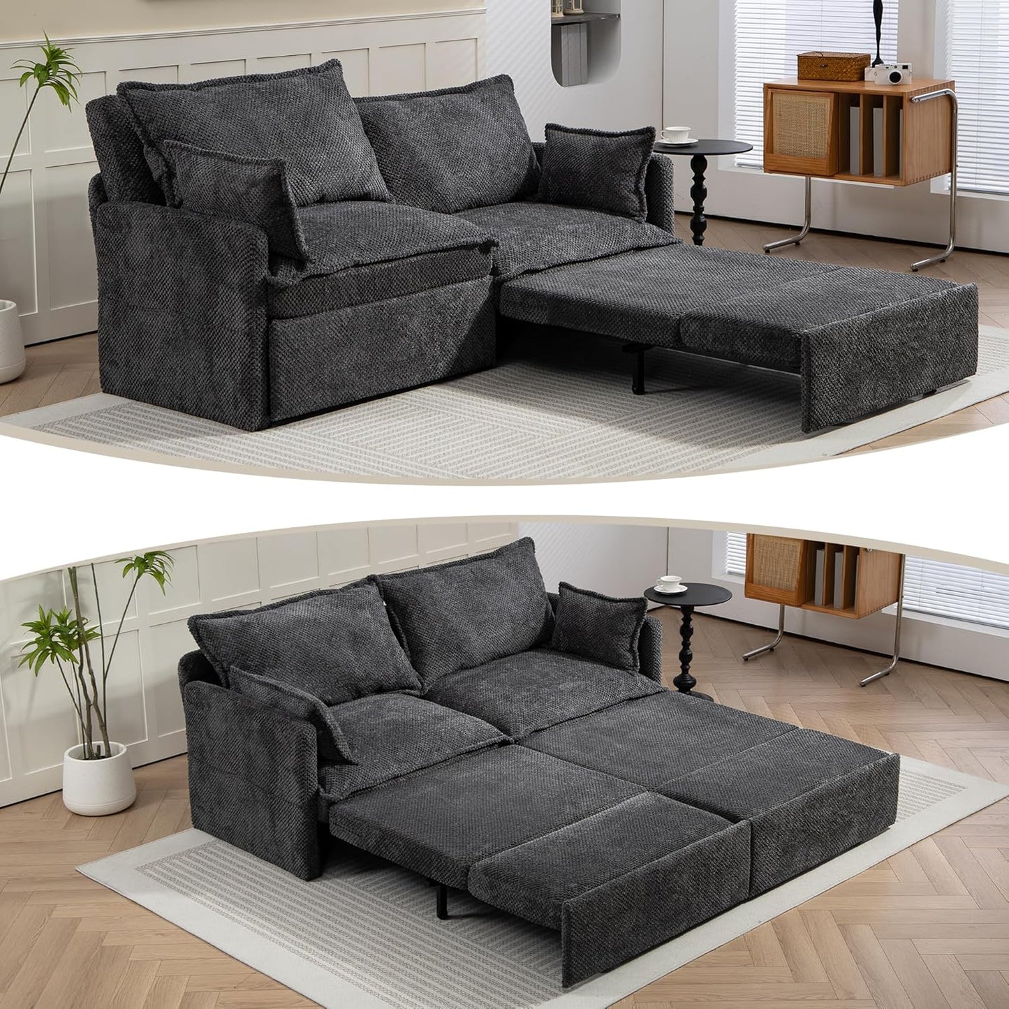 Furnimart 73.6" King Size Pull Out Sofa Bed, 3 in 1 Convertible Sleeper Bed with USB/C-Type Charging Ports & Side Pockets, Modern Futon Couch for Living Room, Apartment, Bedroom, Corduroy Dark Grey