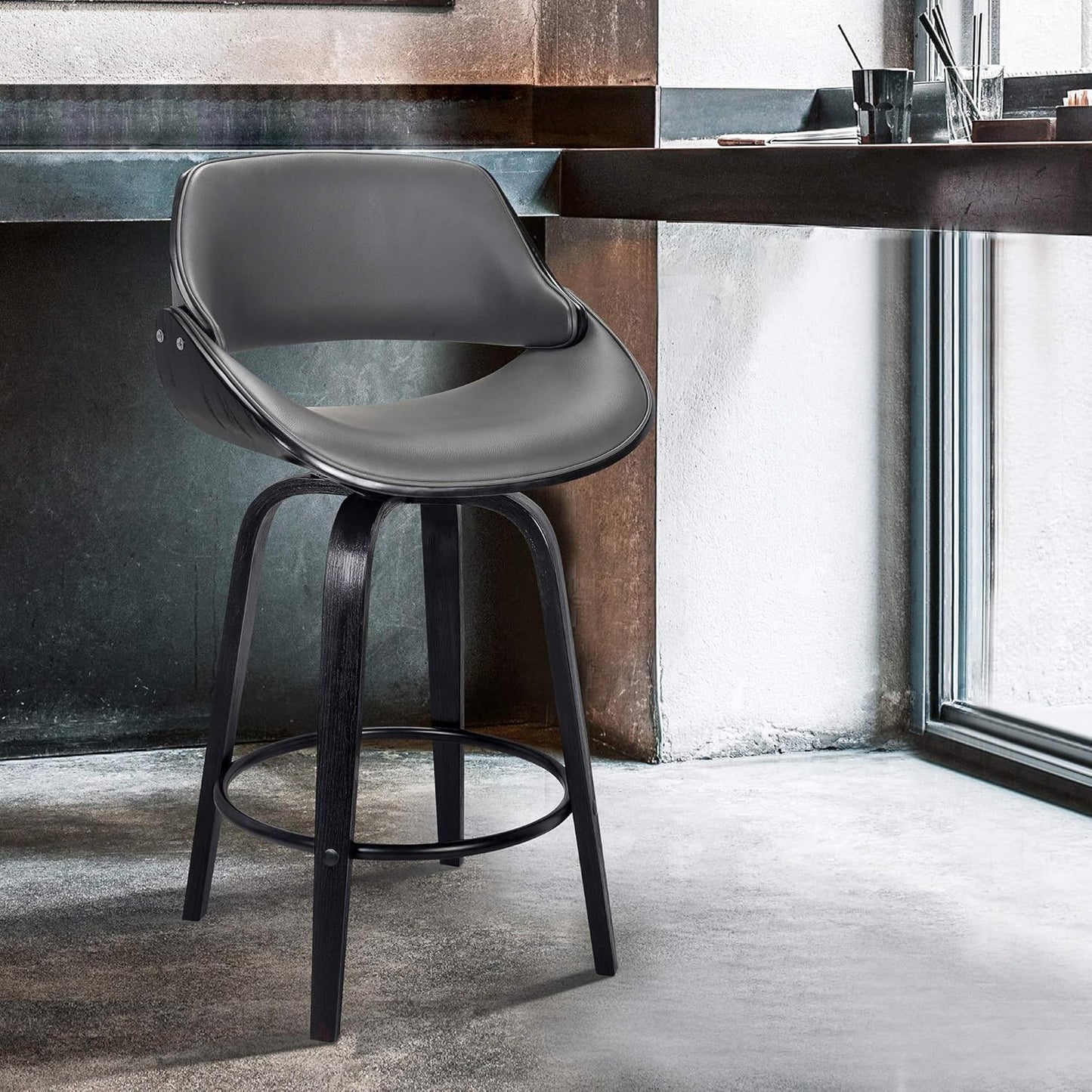 Mona Faux Leather Swivel Barstool, 26" Counter Height, Black and Gray
