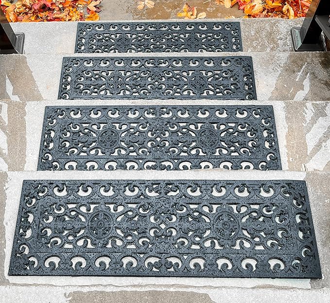 Set of 4 Rubber Stair Tread Mats 30 x 10 Inch Anti-Slip Outdoor Rug, Black – Lace Pattern