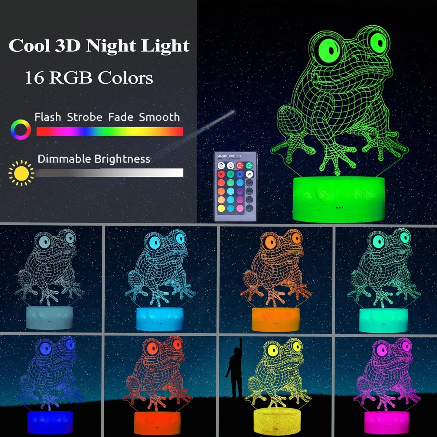 Cute Frog Night Light, Frog Gifts, Frog 3D Illusion Lamp with RGB 16 Colors Changing, Remote Control, Dimmable, Kids Room Decoration Baby's Light Room Decor Children Gifts