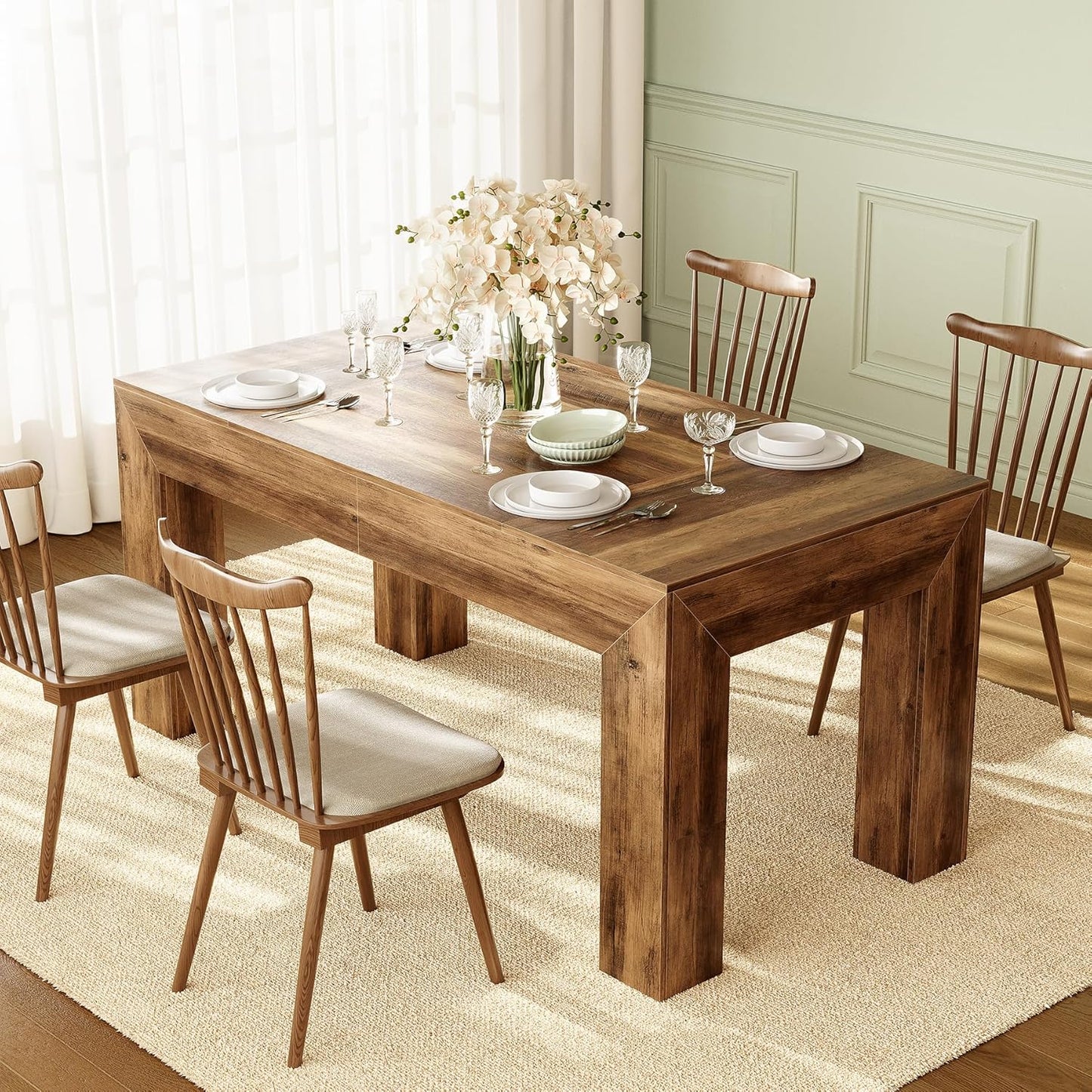 LITTLE TREE Modern Dining Table, Rectangle Heavy Duty Kitchen Table for Home, Farmhouse 63 Inches Wooden Furniture for 4-6 People, Wood Grain Color